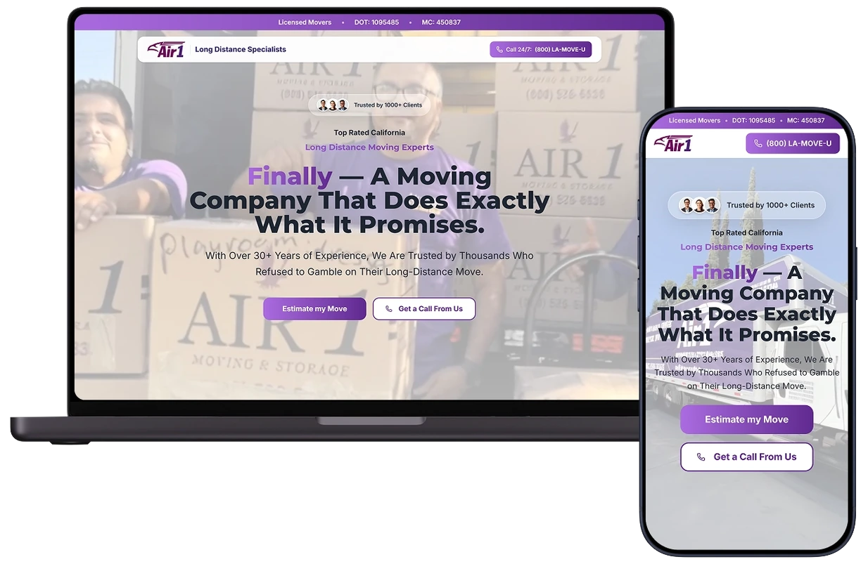 The Air1 Moving and Storage website built by Growth Key, shown on desktop and mobile