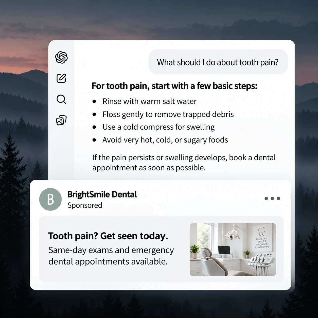 A ChatGPT conversation about tooth pain, with a sponsored BrightSmile Dental ad shown beneath the answer