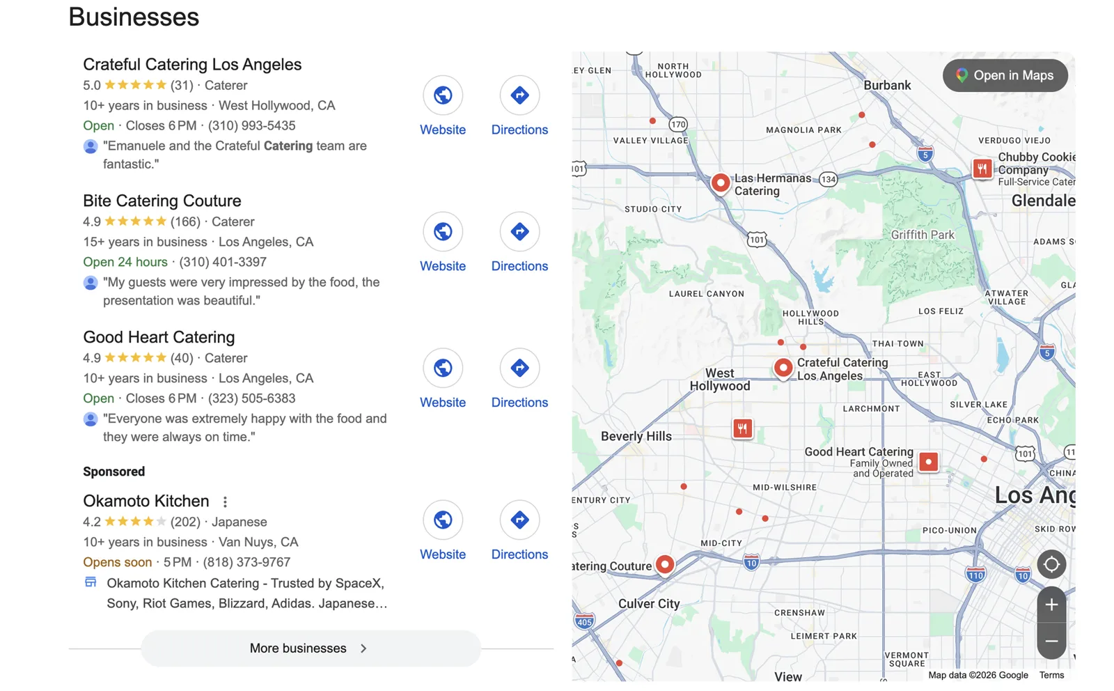 Google Map Pack for a caterer search in Los Angeles: Crateful Catering rated 5.0 from 31 reviews, Bite Catering Couture rated 4.9 from 166, and Good Heart Catering rated 4.9 from 40, beside a map of Los Angeles and West Hollywood.