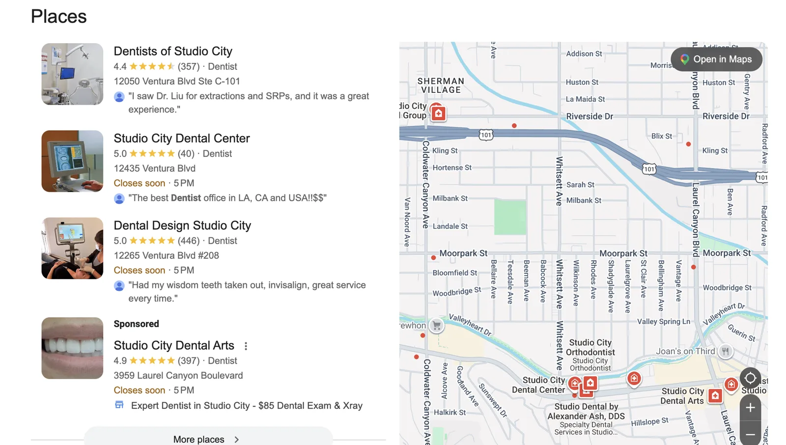 Google Map Pack for a dentist search in Studio City, Los Angeles: Dentists of Studio City rated 4.4 from 357 reviews, Studio City Dental Center rated 5.0 from 40, and Dental Design Studio City rated 5.0 from 446, all on Ventura Boulevard, beside a map of Studio City.