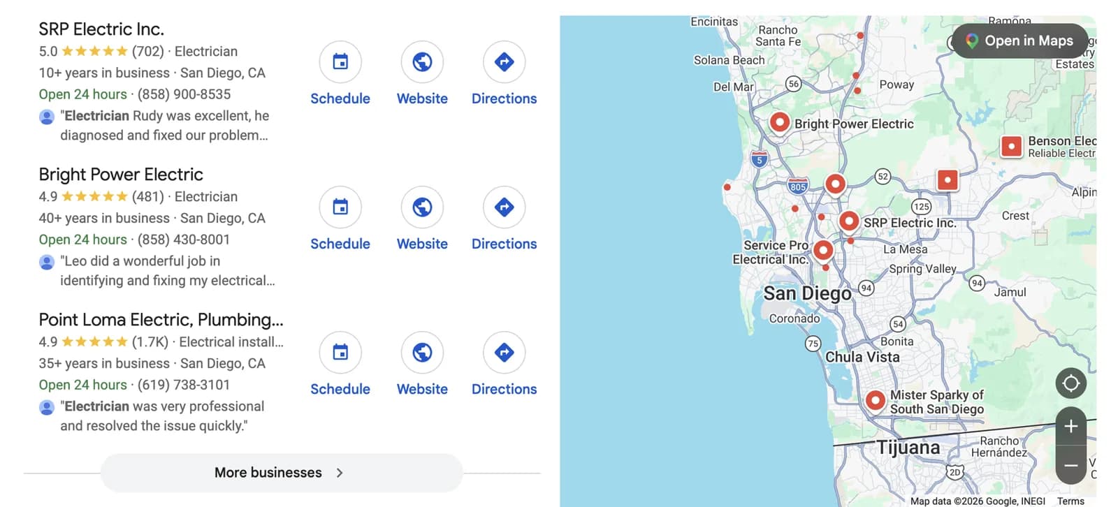 Google Map Pack for an electrician search in San Diego: SRP Electric rated 5.0 from 702 reviews, Bright Power Electric rated 4.9 from 481, and Point Loma Electric rated 4.9 from 1,700, beside a map of San Diego and Chula Vista.