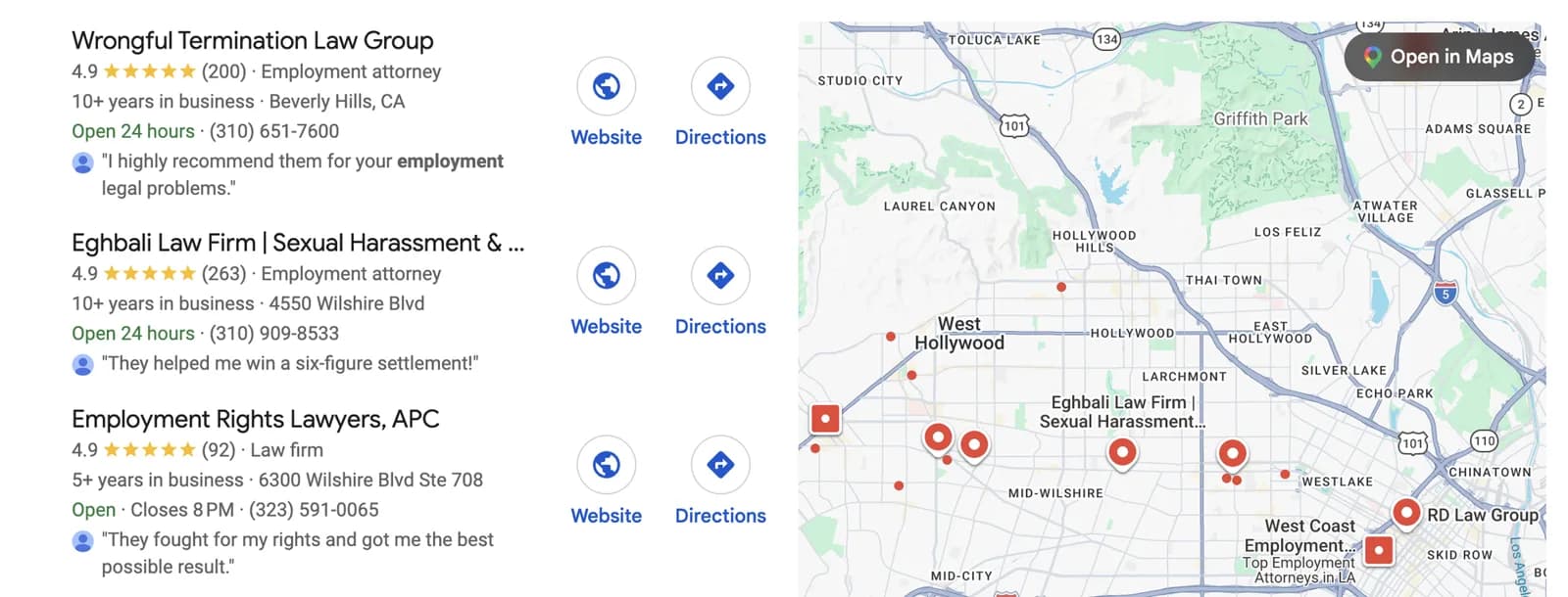 Google Map Pack for an employment attorney search in Los Angeles: Wrongful Termination Law Group rated 4.9 from 200 reviews in Beverly Hills, Eghbali Law Firm rated 4.9 from 263 on Wilshire Boulevard, and Employment Rights Lawyers APC rated 4.9 from 92, beside a map of West Hollywood and Mid-Wilshire.