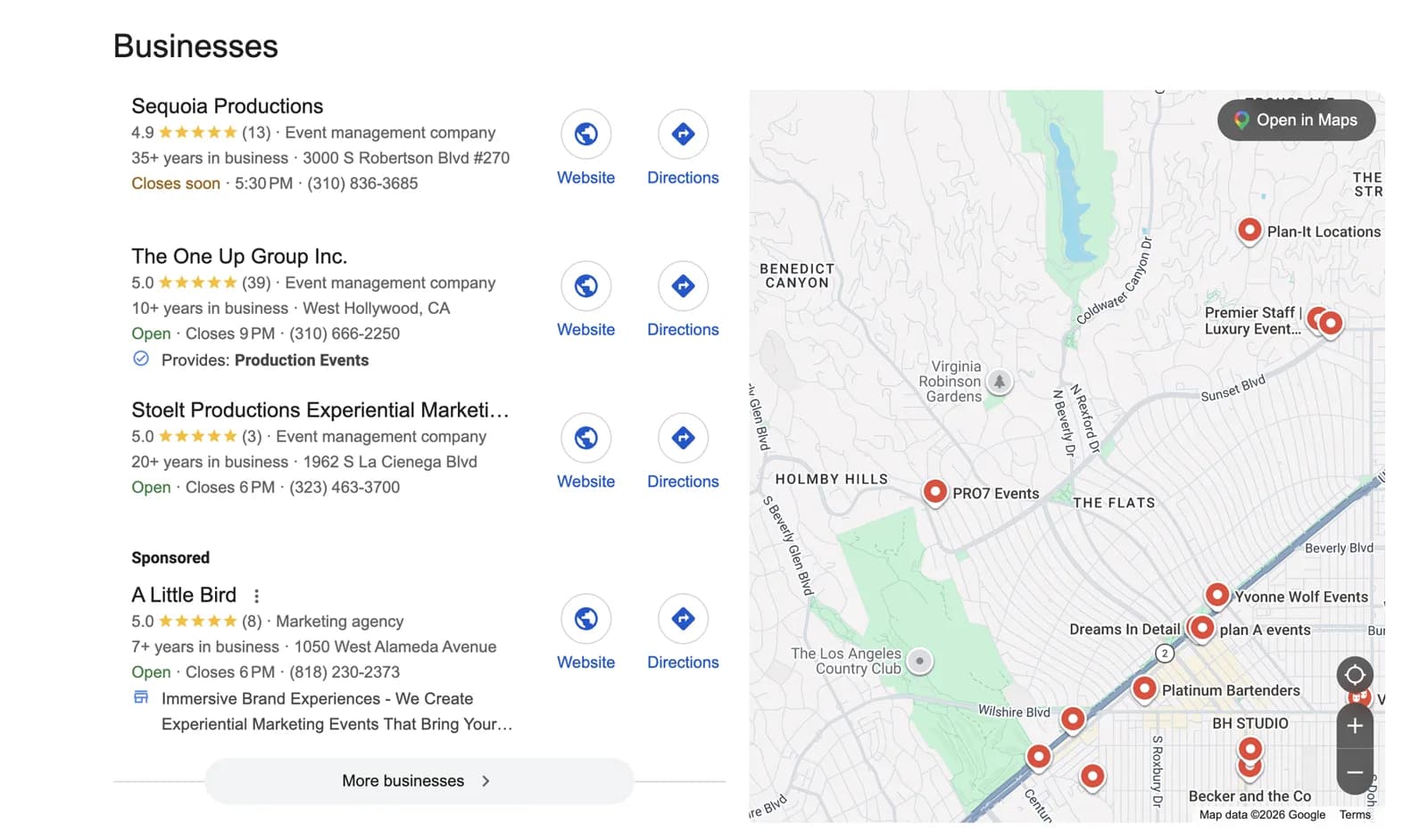 Google Map Pack for an event production search in Los Angeles: Sequoia Productions rated 4.9 from 13 reviews, The One Up Group rated 5.0 from 39, and Stoelt Productions rated 5.0 from 3, beside a map of Beverly Hills and Holmby Hills.