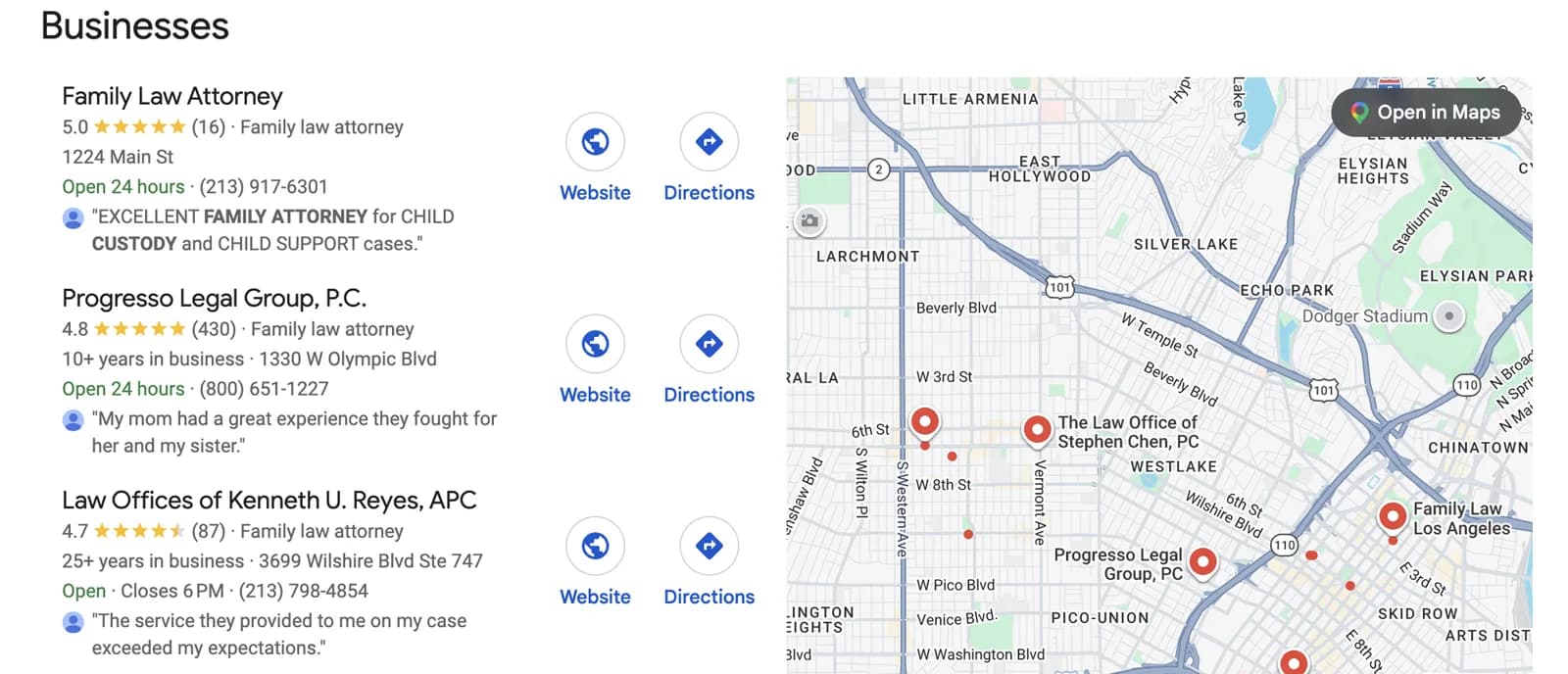 Google Map Pack for a family law attorney search in Los Angeles: Family Law Attorney rated 5.0 from 16 reviews, Progresso Legal Group rated 4.8 from 430, and Law Offices of Kenneth U. Reyes rated 4.7 from 87, beside a map of Westlake and downtown Los Angeles.