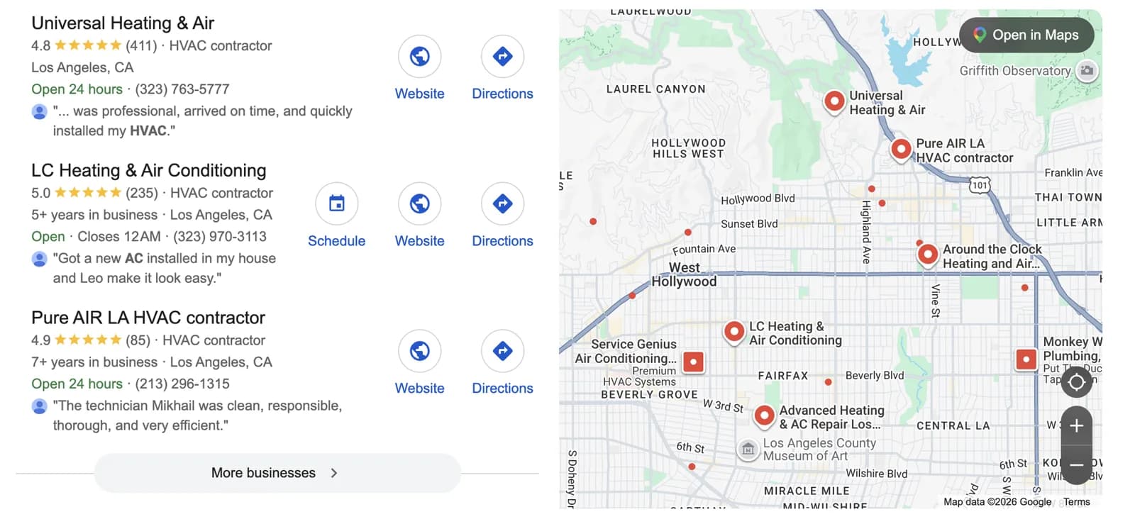 Google Map Pack for an HVAC search in Los Angeles: Universal Heating & Air rated 4.8 from 411 reviews, LC Heating & Air Conditioning rated 5.0 from 235, and Pure AIR LA rated 4.9 from 85, listed with hours and phone numbers beside a map of Hollywood and West Hollywood.