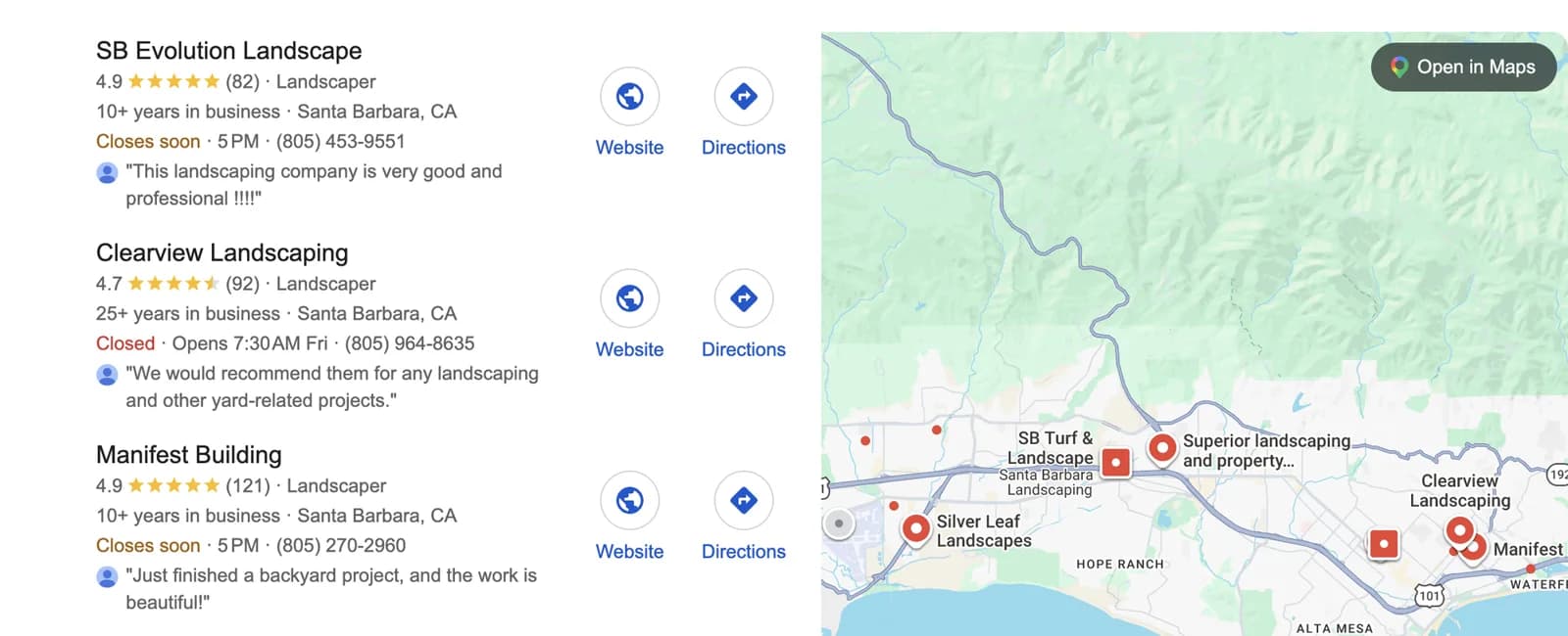 Google Map Pack for a landscaper search in Santa Barbara: SB Evolution Landscape rated 4.9 from 82 reviews, Clearview Landscaping rated 4.7 from 92, and Manifest Building rated 4.9 from 121, beside a map of the Santa Barbara coast.