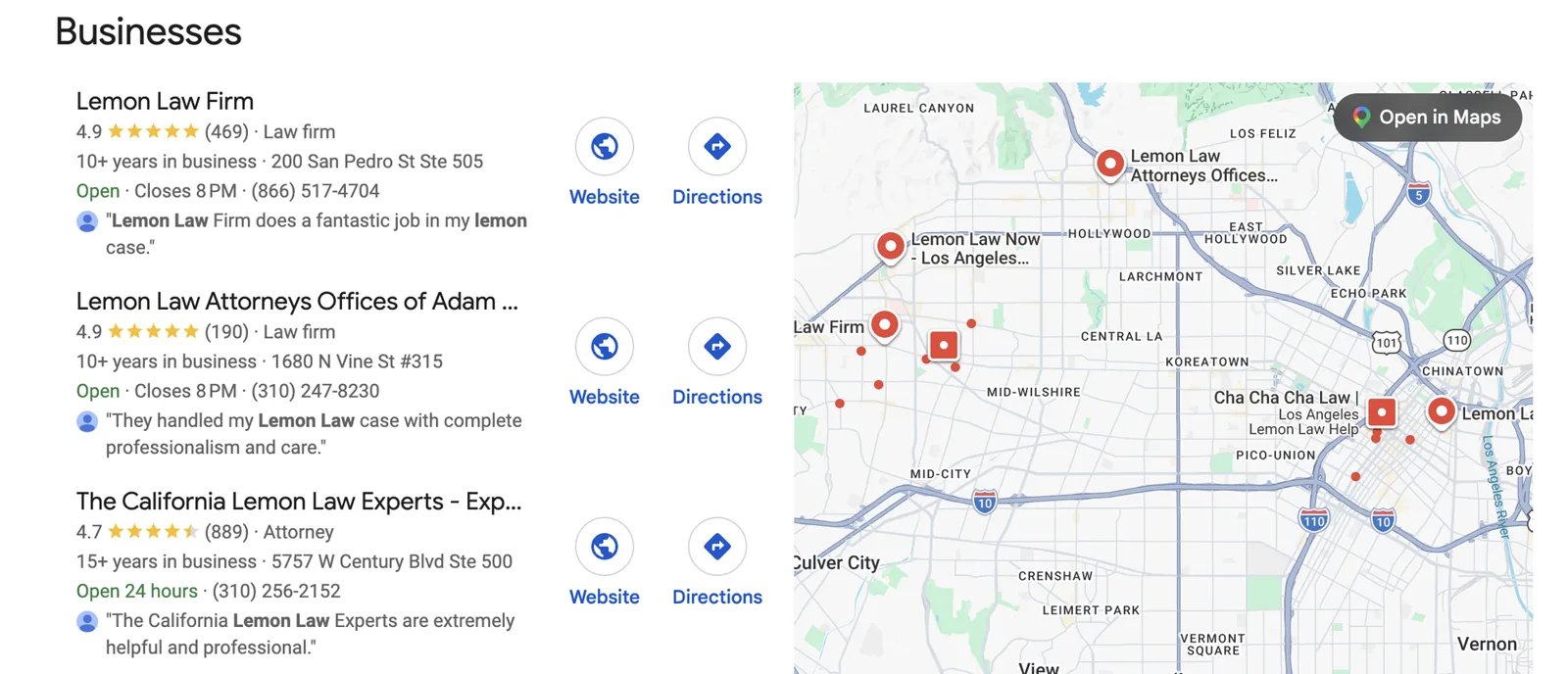 Google Map Pack for a lemon law attorney search in Los Angeles: Lemon Law Firm rated 4.9 from 469 reviews, Lemon Law Attorneys Offices of Adam rated 4.9 from 190, and The California Lemon Law Experts rated 4.7 from 889, beside a map of central Los Angeles.