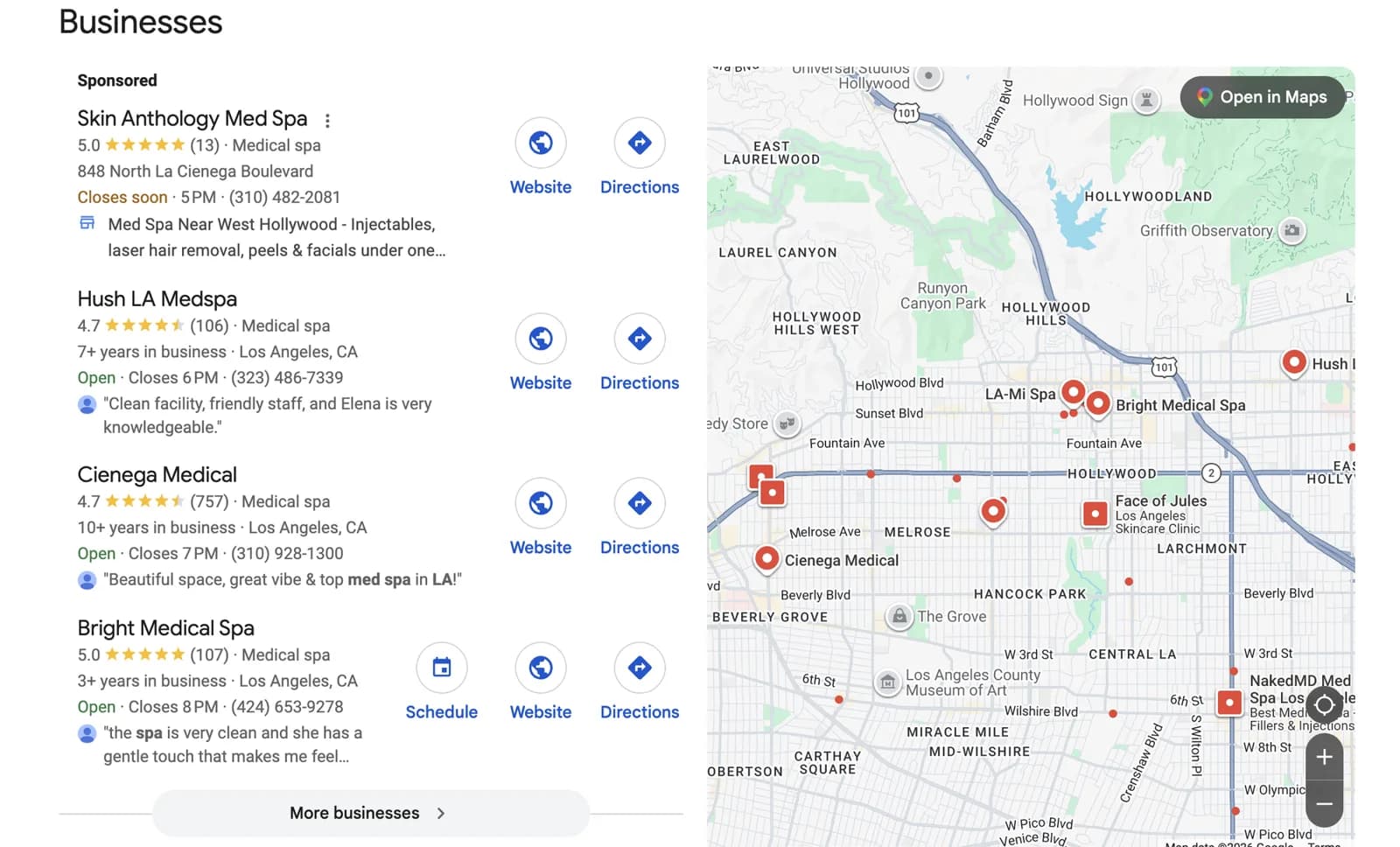 Google Map Pack for a med spa search in Los Angeles: a sponsored listing for Skin Anthology Med Spa rated 5.0 from 13 reviews sits above Hush LA Medspa rated 4.7 from 106, Cienega Medical rated 4.7 from 757, and Bright Medical Spa rated 5.0 from 107.