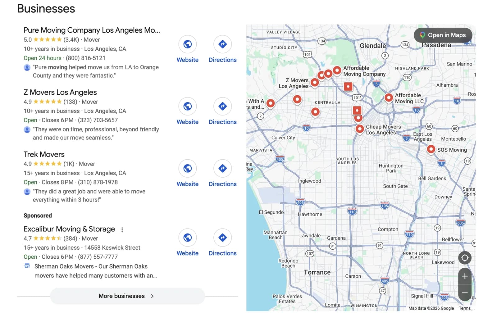 Google Map Pack for a mover search in Los Angeles: Pure Moving Company rated 5.0 from 3,400 reviews, Z Movers Los Angeles rated 4.9 from 138, and Trek Movers rated 4.9 from 1,000, beside a map of the Los Angeles basin.