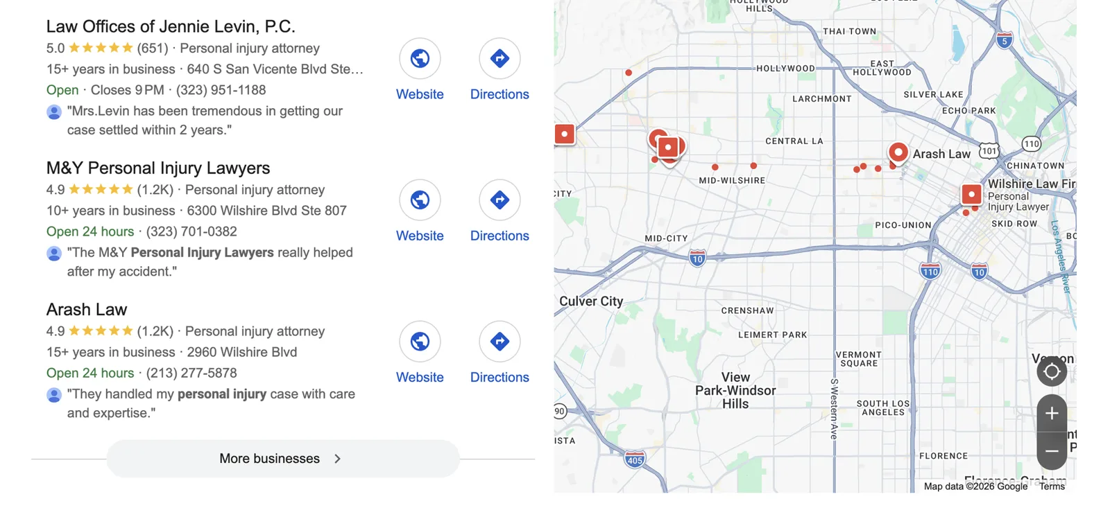 Google Map Pack for a personal injury attorney search in Los Angeles: Law Offices of Jennie Levin rated 5.0 from 651 reviews, M&Y Personal Injury Lawyers rated 4.9 from 1,200, and Arash Law rated 4.9 from 1,200, beside a map of the Wilshire corridor and Mid-City.