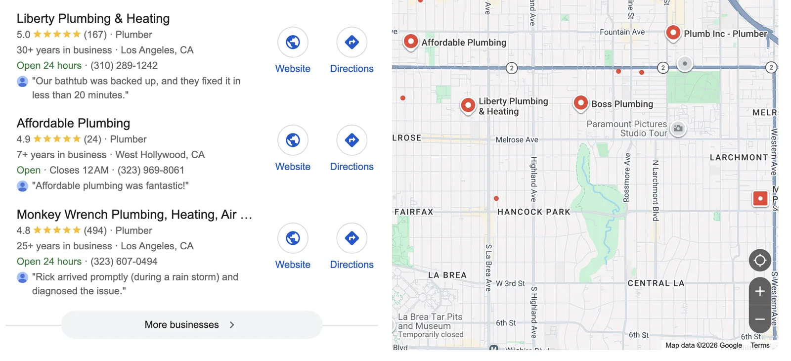 Google Map Pack for a plumber search in Los Angeles: Liberty Plumbing & Heating, Affordable Plumbing and Monkey Wrench Plumbing listed with ratings, hours and phone numbers beside a map of pinned locations.