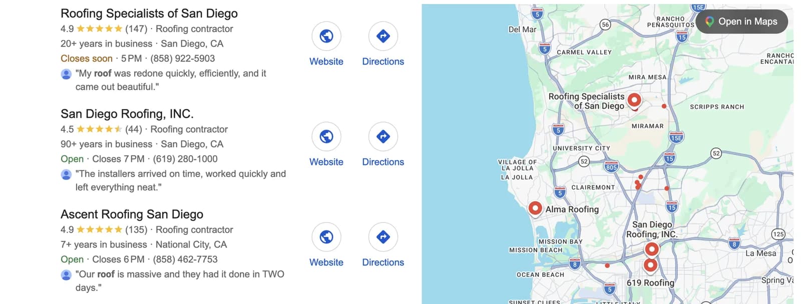 Google Map Pack for a roofing search in San Diego: Roofing Specialists of San Diego rated 4.9 from 147 reviews, San Diego Roofing Inc rated 4.5 from 44, and Ascent Roofing San Diego rated 4.9 from 135, beside a map of the San Diego coast.