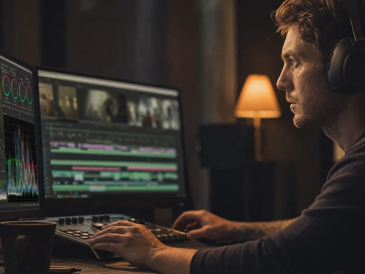 An editor at a color-grading suite with a timeline and scopes on screen