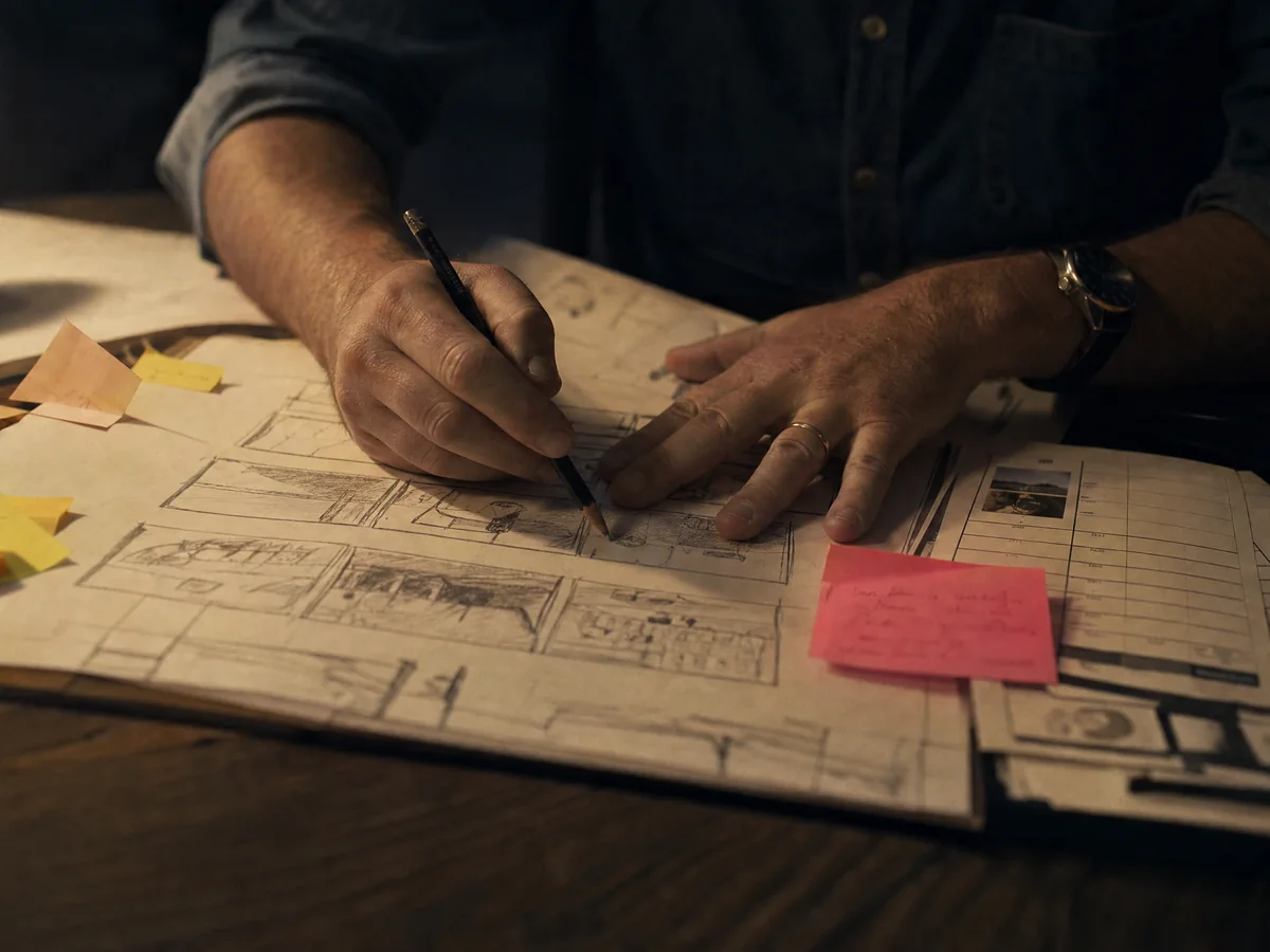 A creative director's hands over a hand-drawn storyboard and shot list