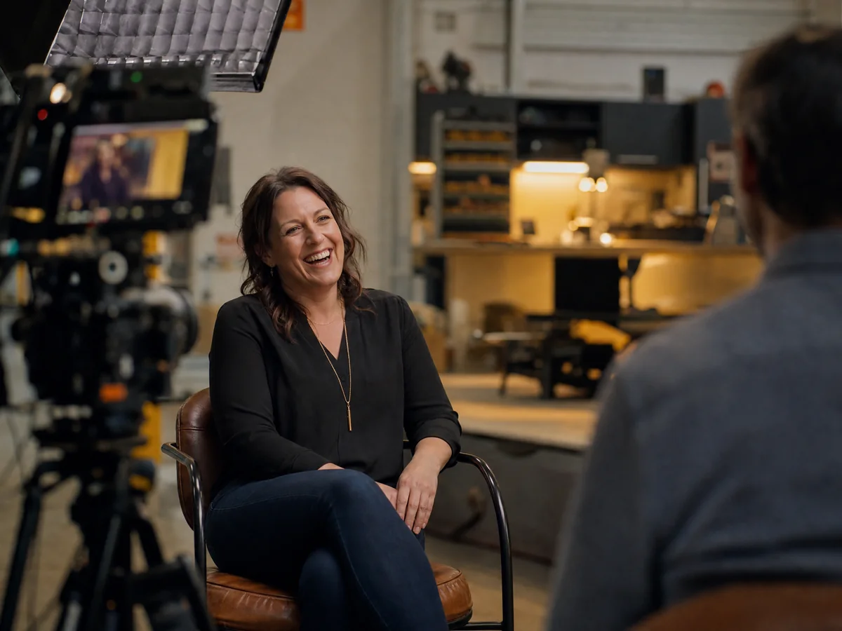 A business owner being interviewed on camera with a cinema camera and key light in the foreground