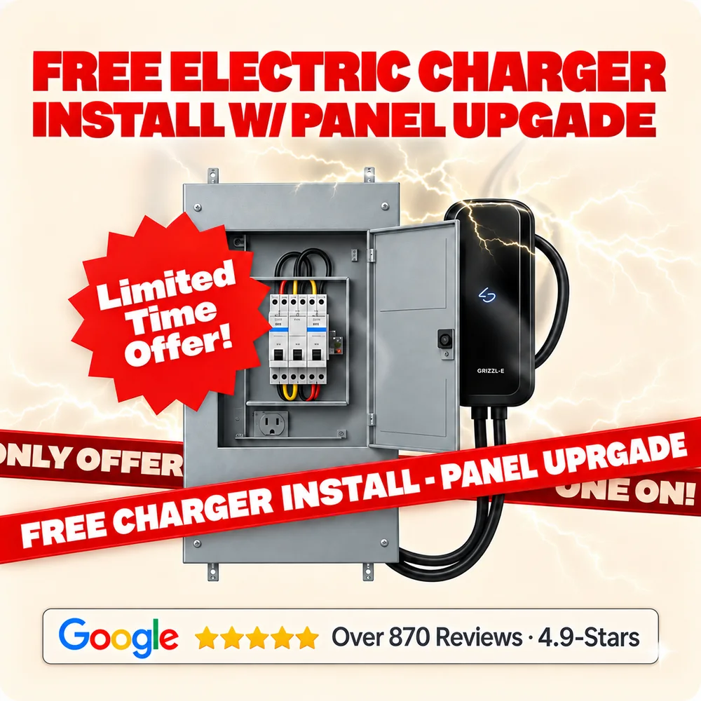 Static ad for a free EV charger install with a panel upgrade, marked limited-time