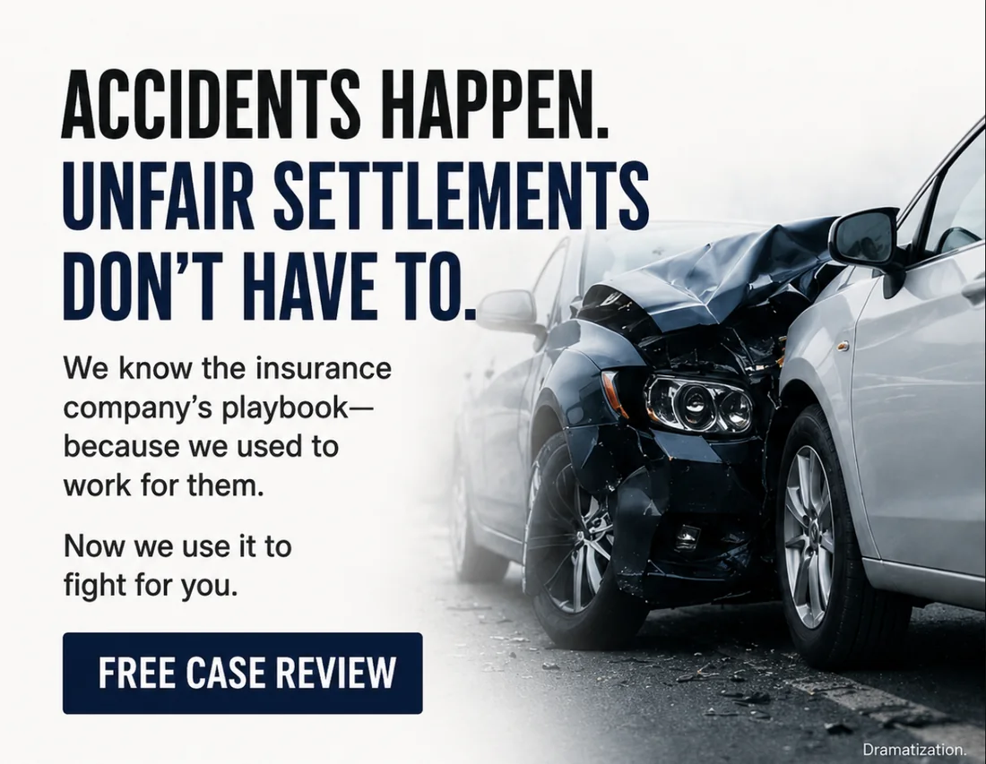 Injury law static ad over a crashed car: Accidents happen, unfair settlements don't have to — we know the insurance company's playbook because we used to work for them