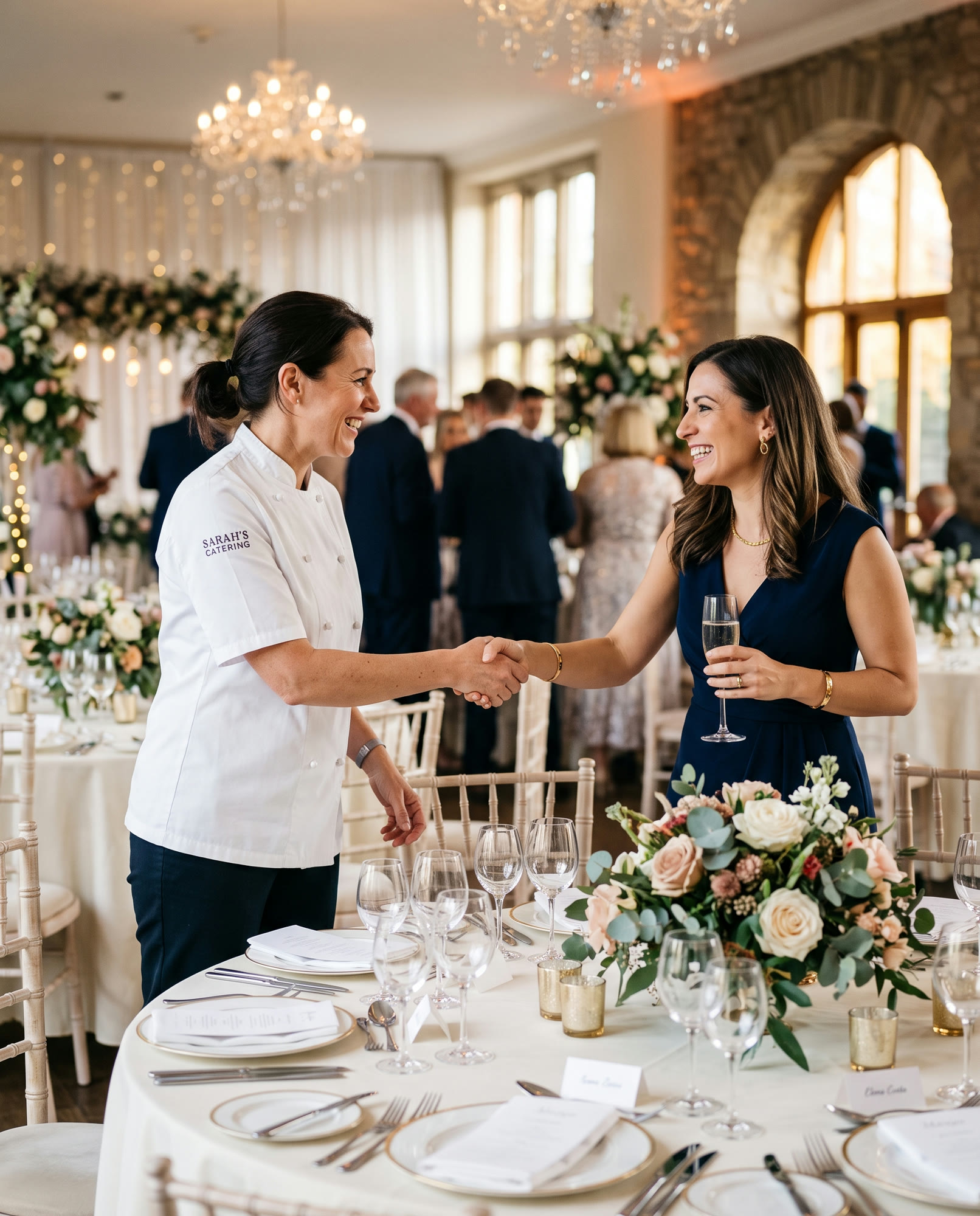 A caterer shaking hands with a smiling event client beside an elegantly set banquet table
