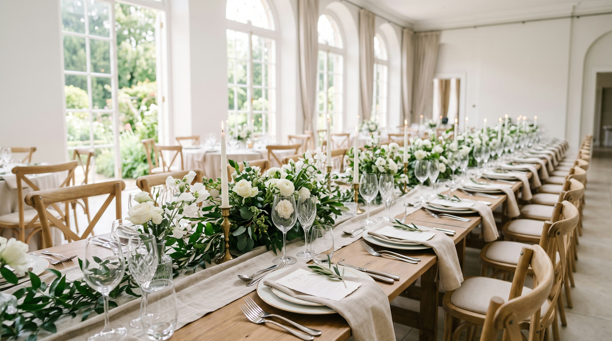 A beautifully styled banquet table set for a wedding reception in a sunlit venue