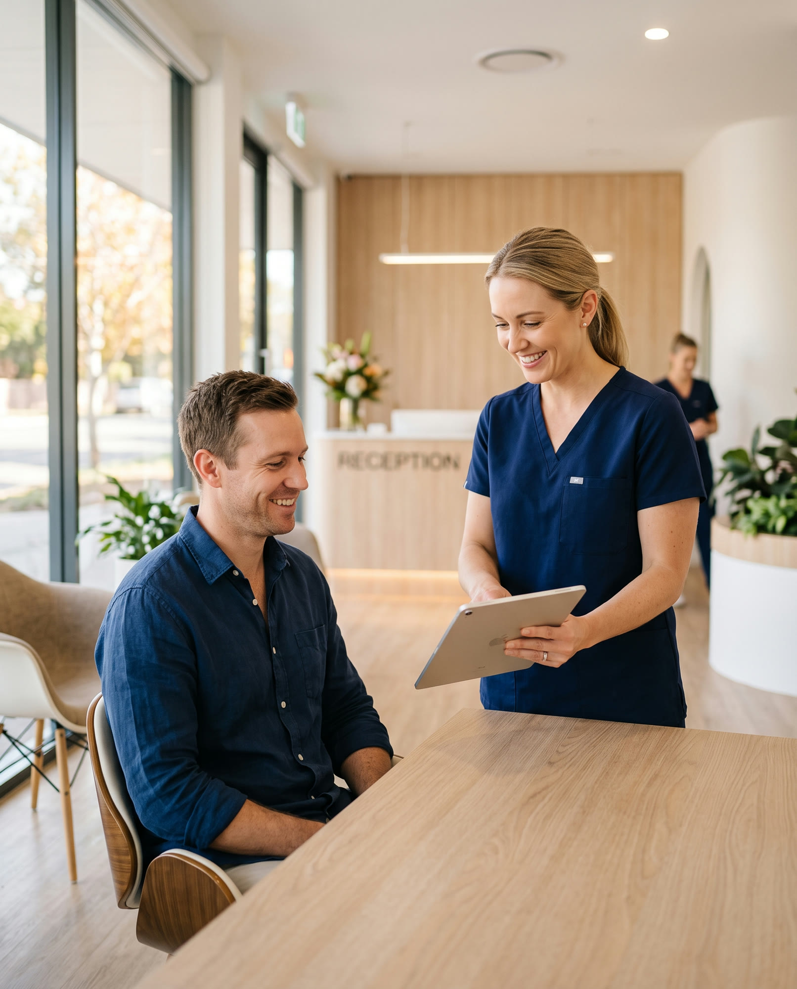 A dentist showing a patient their treatment plan on a tablet at a bright practice reception