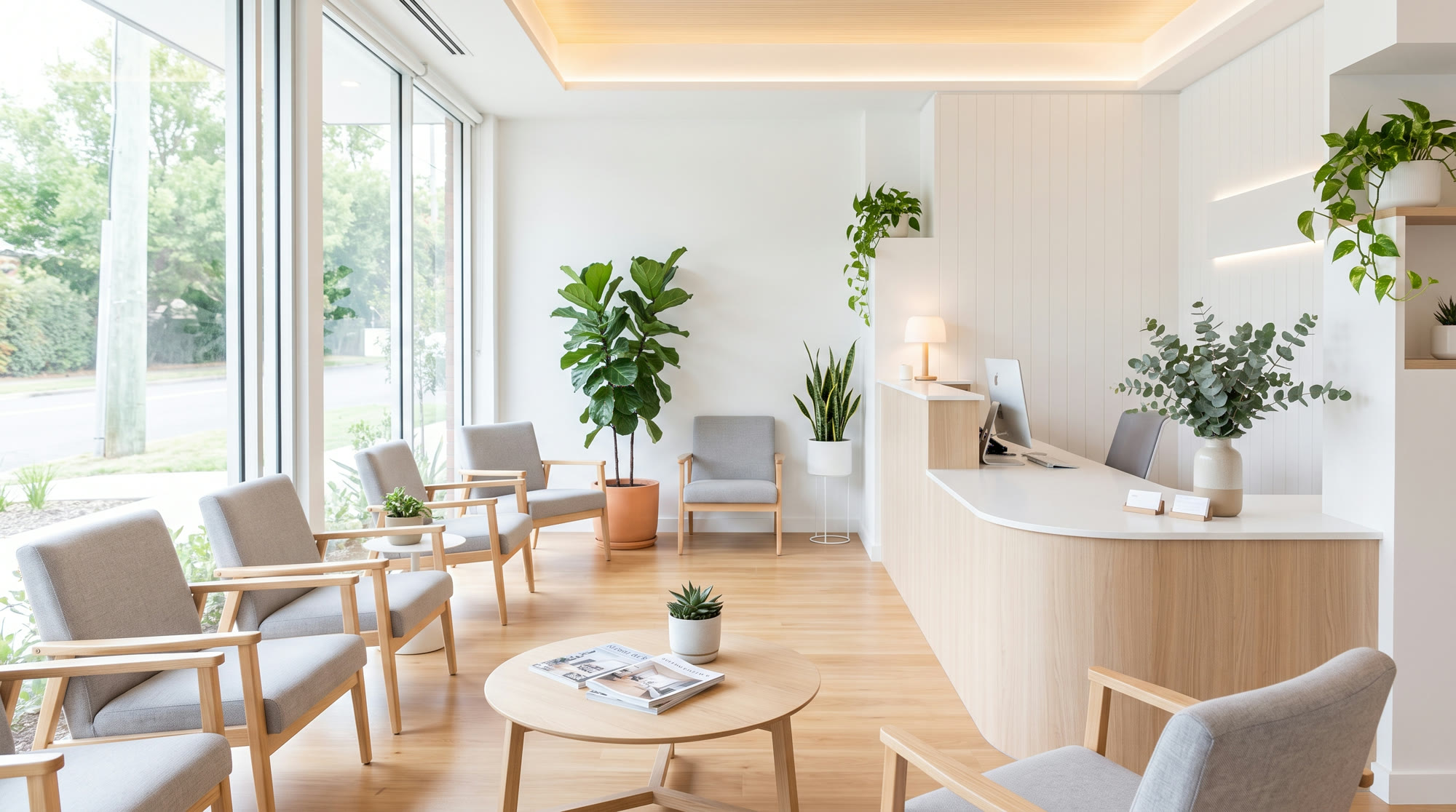 The sunlit reception and waiting area of a modern dental practice