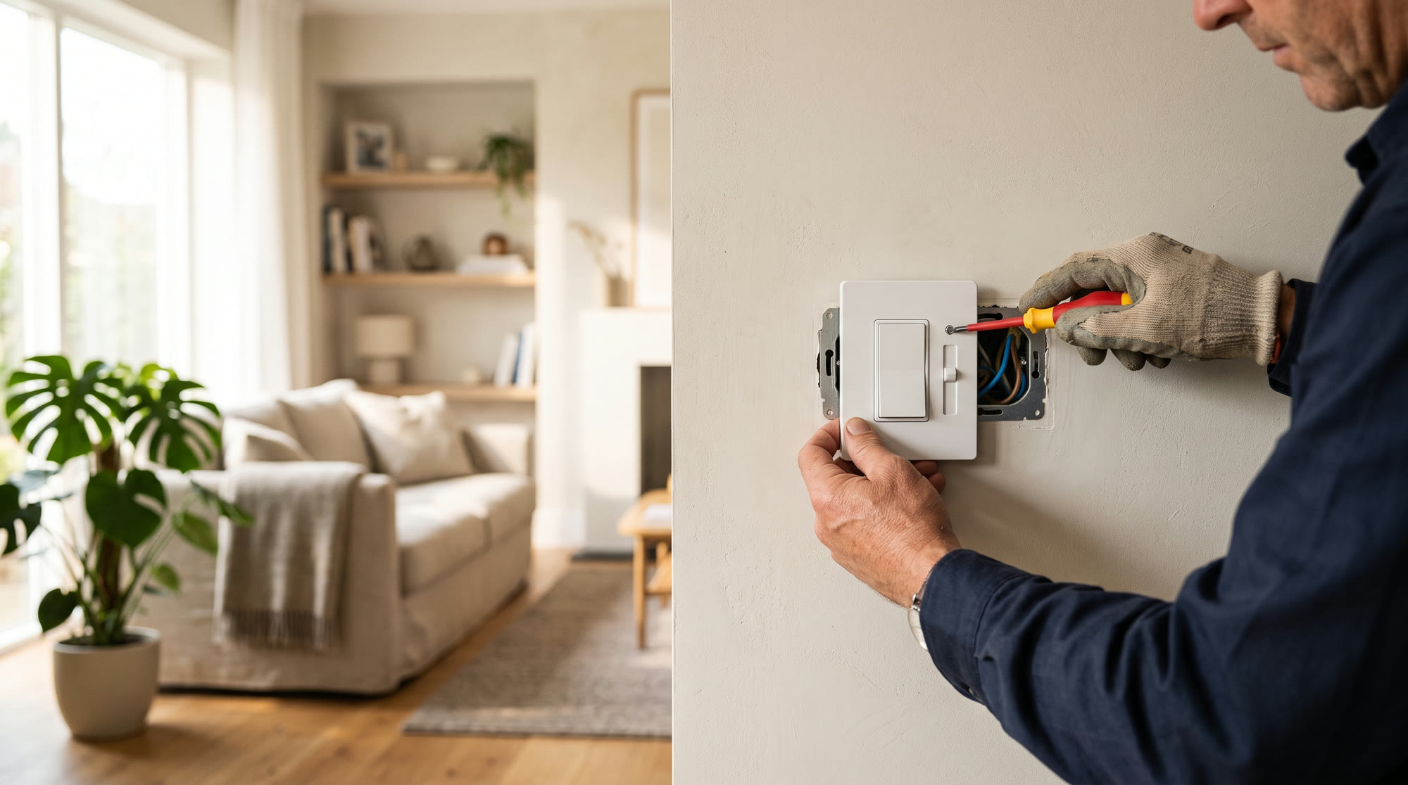 An electrician installing a modern dimmer switch on the wall of a sunlit contemporary living room