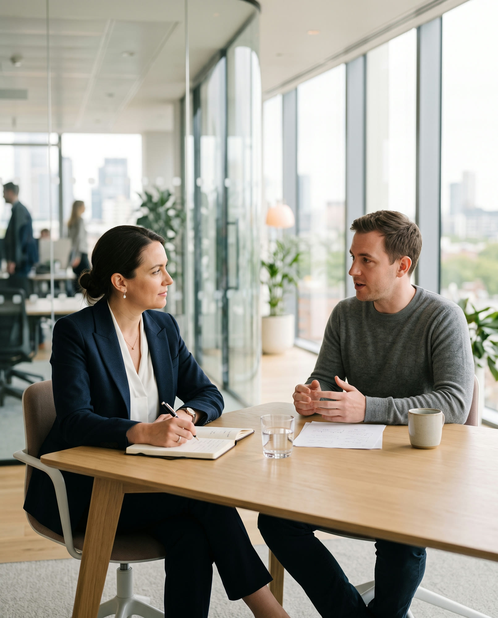 An employment attorney listening to a client across a table in a bright modern law office