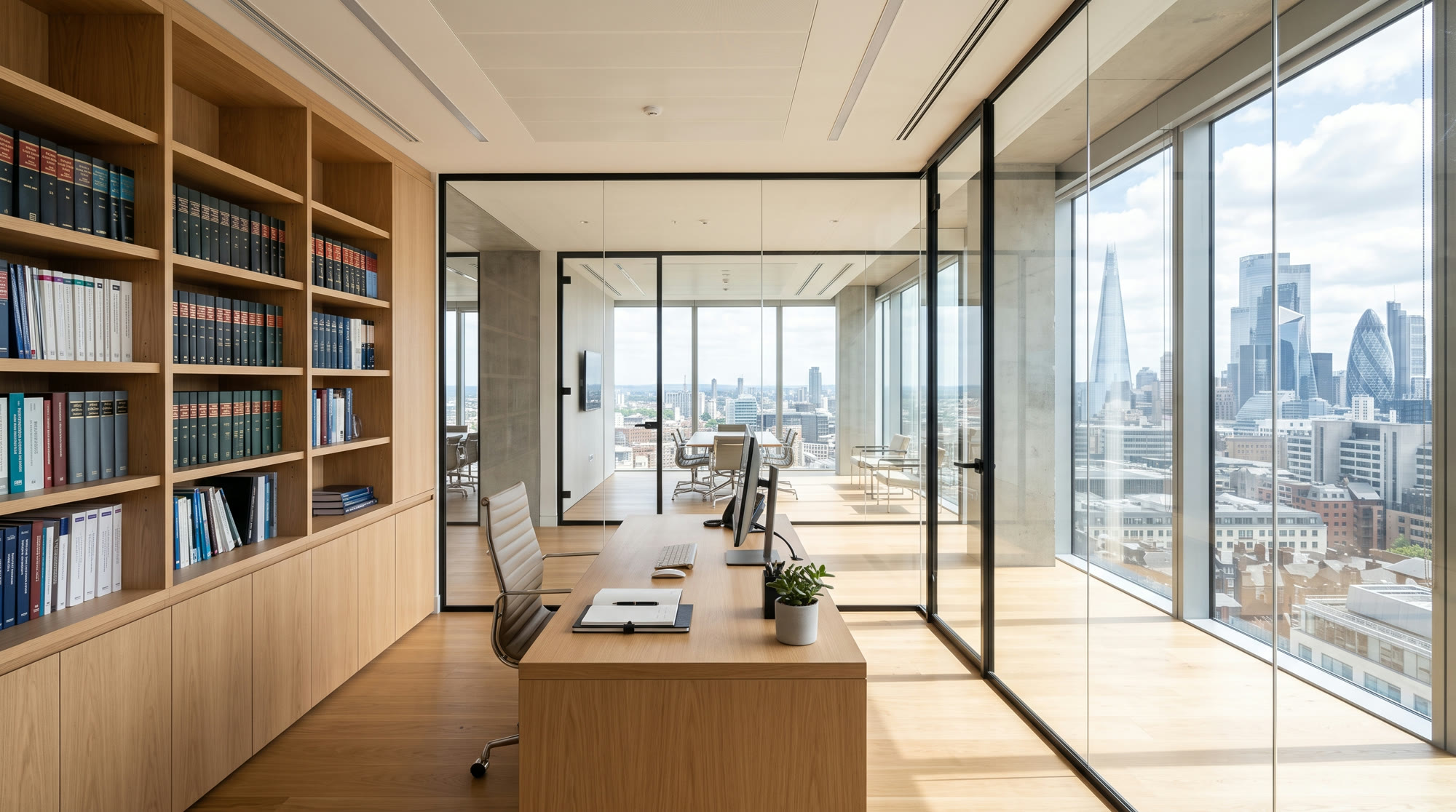 The interior of a contemporary law office with light oak shelving and abundant daylight