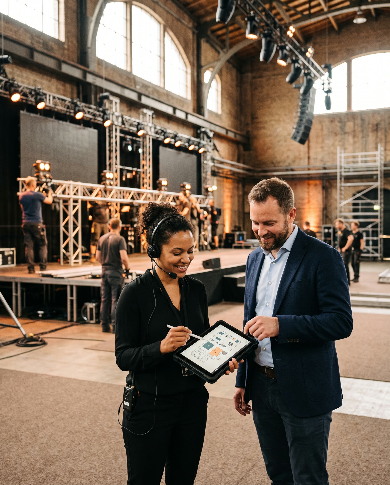 An event producer reviewing a floor plan with a corporate client in a venue during build