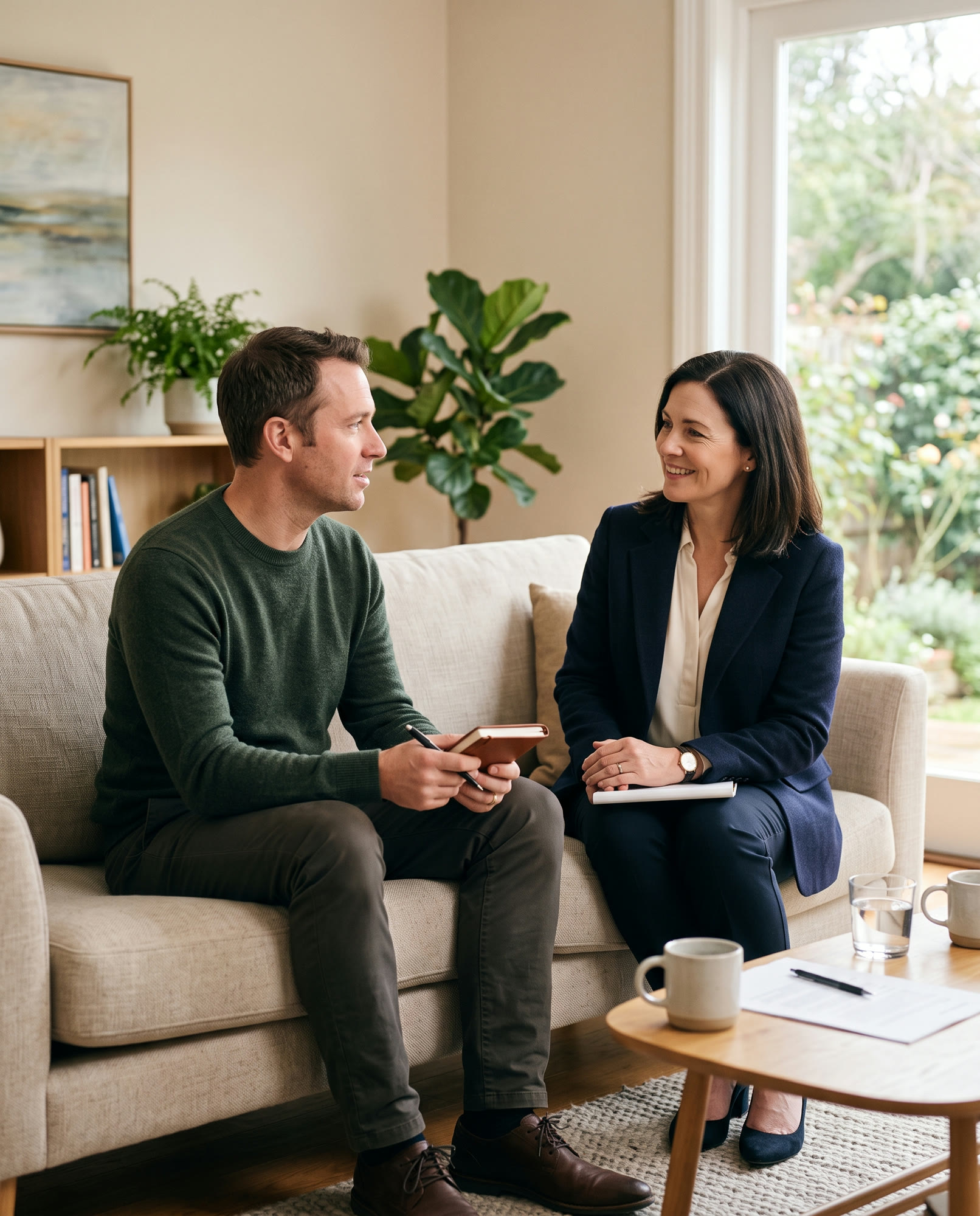 A family-law attorney listening with compassion to a client in a light-filled consultation room