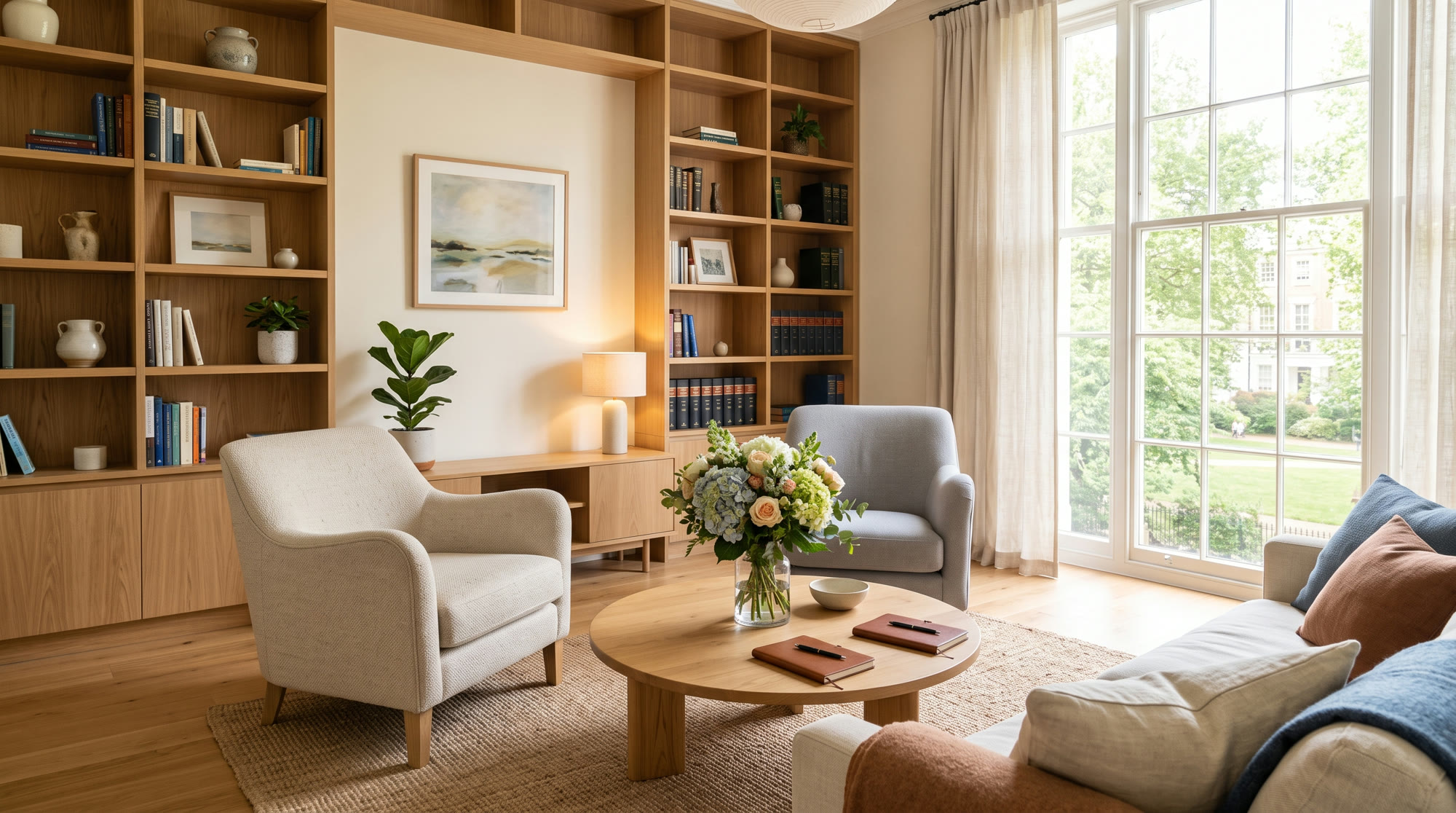 A warm, welcoming consultation room with soft armchairs and morning light through a large window