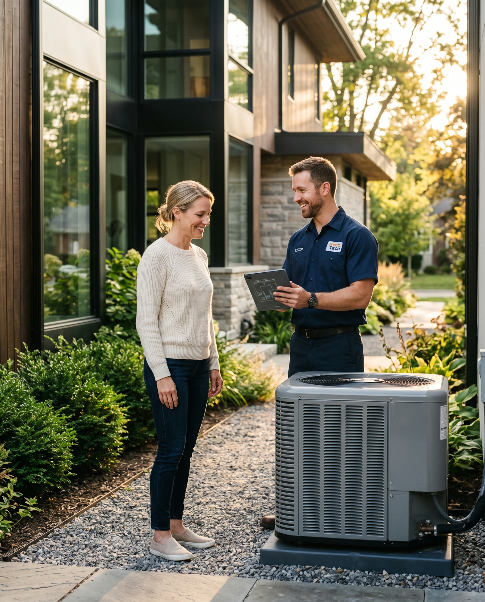 An HVAC technician showing a homeowner a tablet beside a newly installed condenser unit