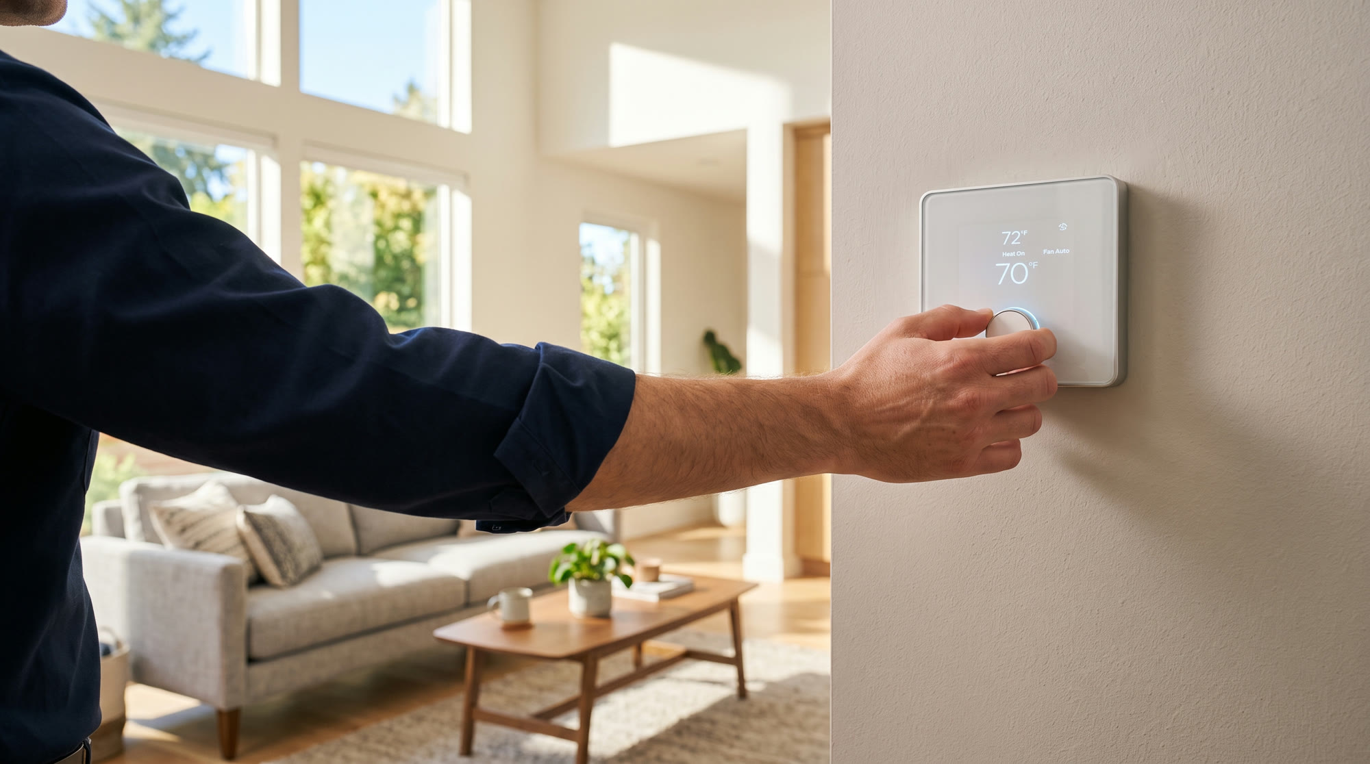 A technician adjusting a smart thermostat on the wall of a sunlit modern living room