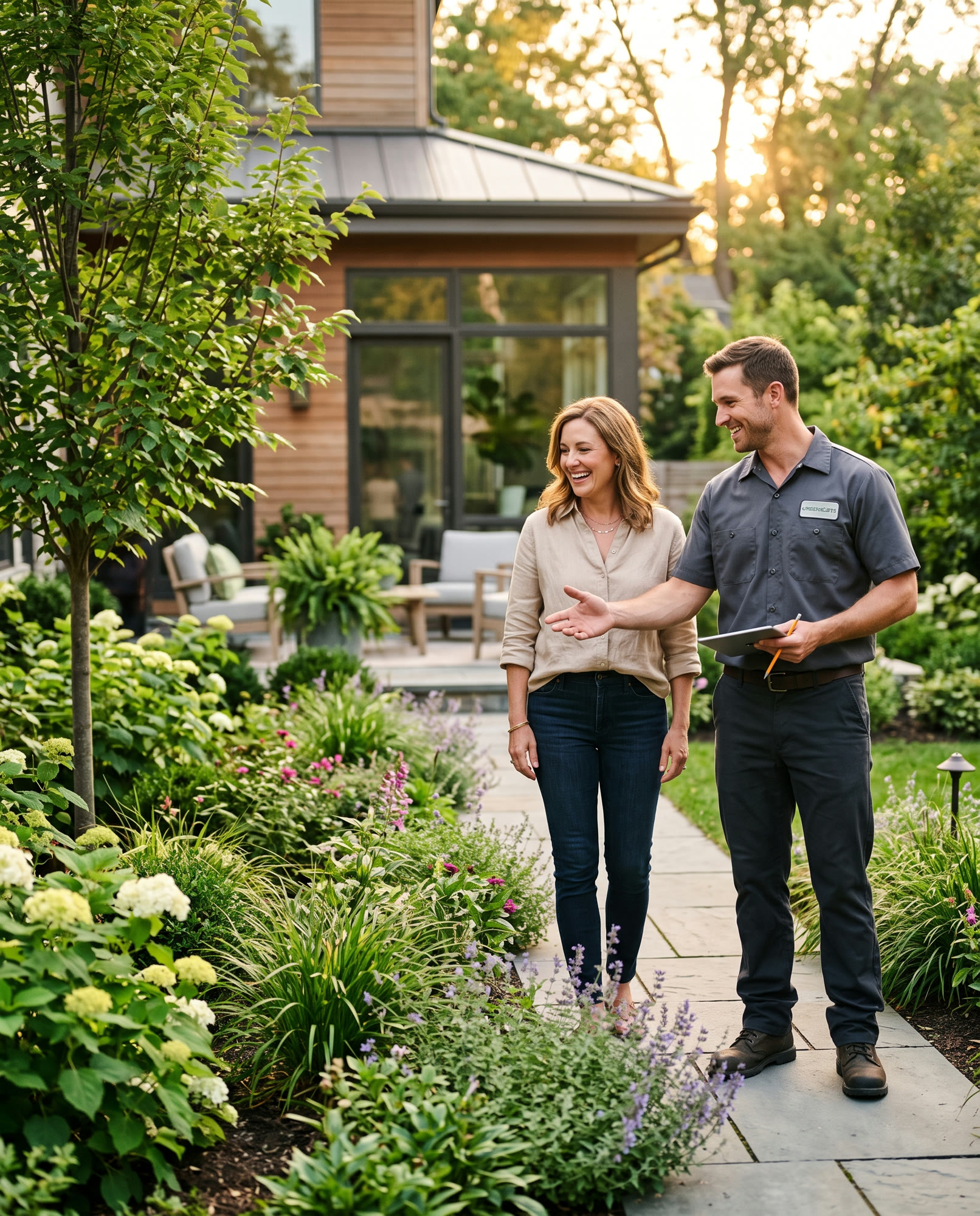 A landscaper talking with a homeowner in a finished backyard garden at golden hour