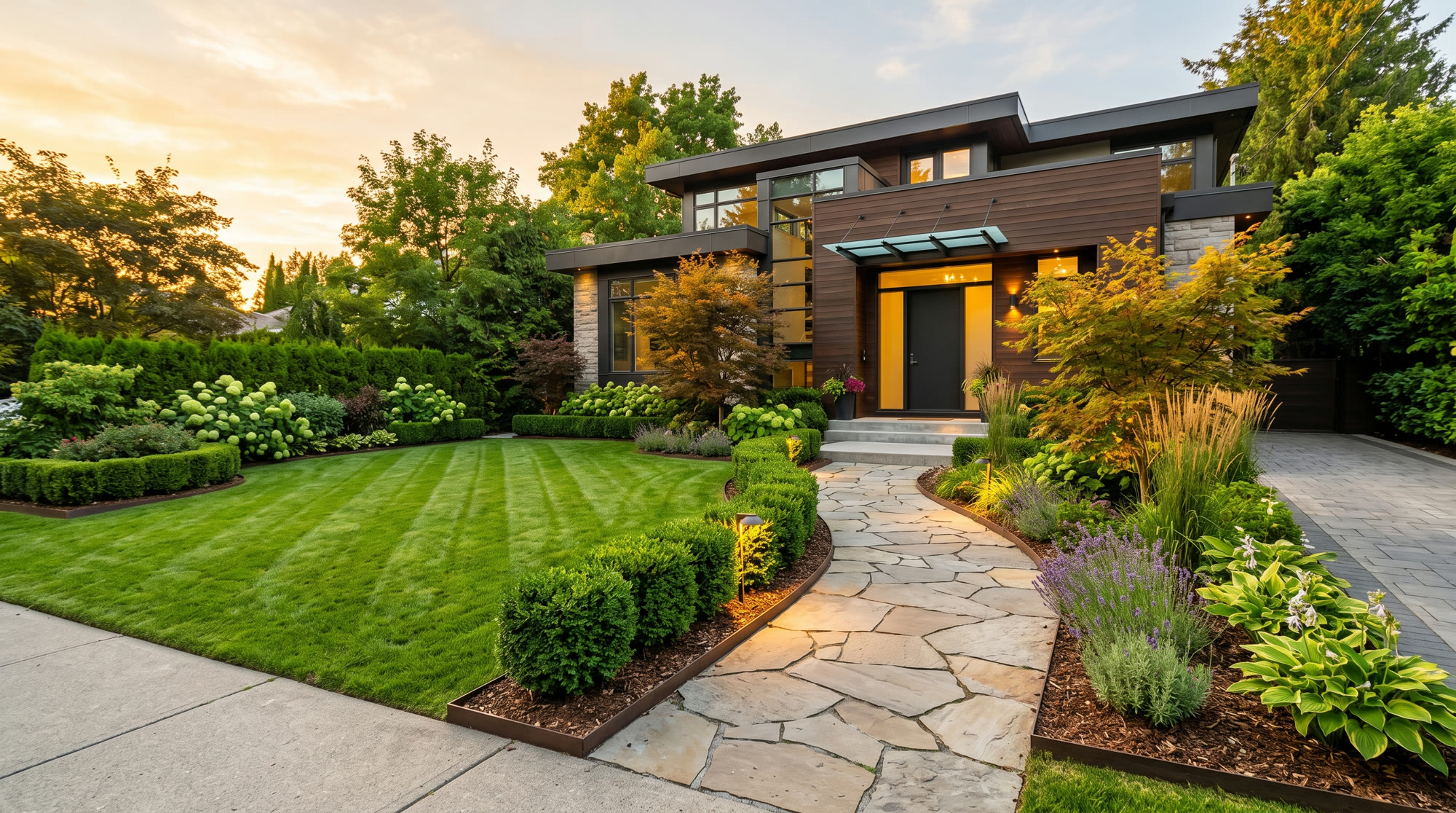 A manicured front yard with sculpted hedges and a stone path at golden hour