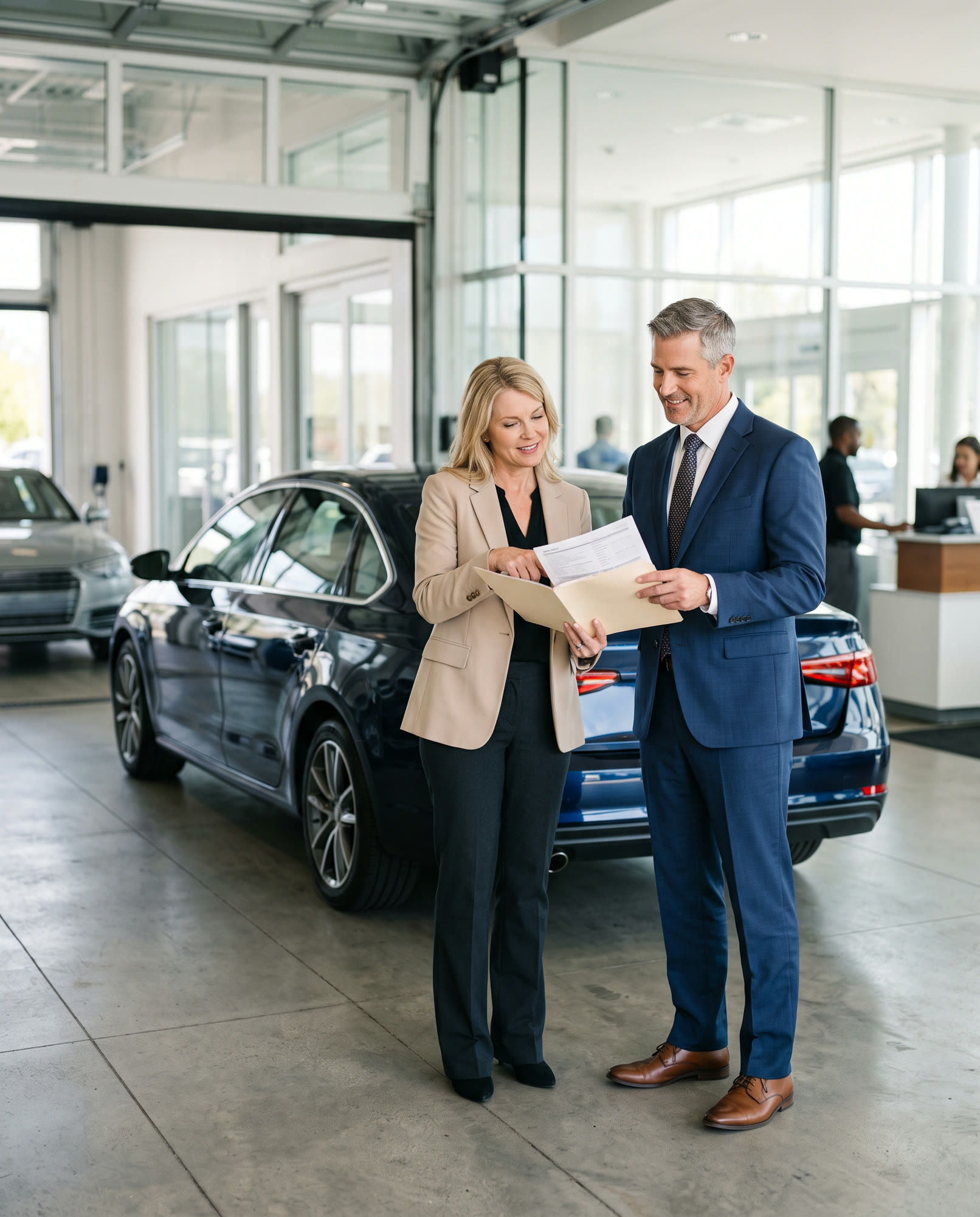 An attorney reviewing a folder of repair records with a client beside their car