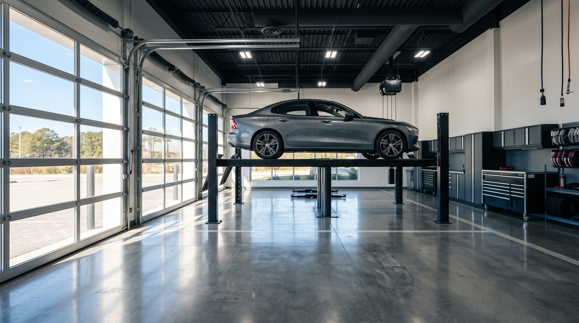 A spotless modern dealership service bay with a vehicle on a lift and daylight through tall glass doors