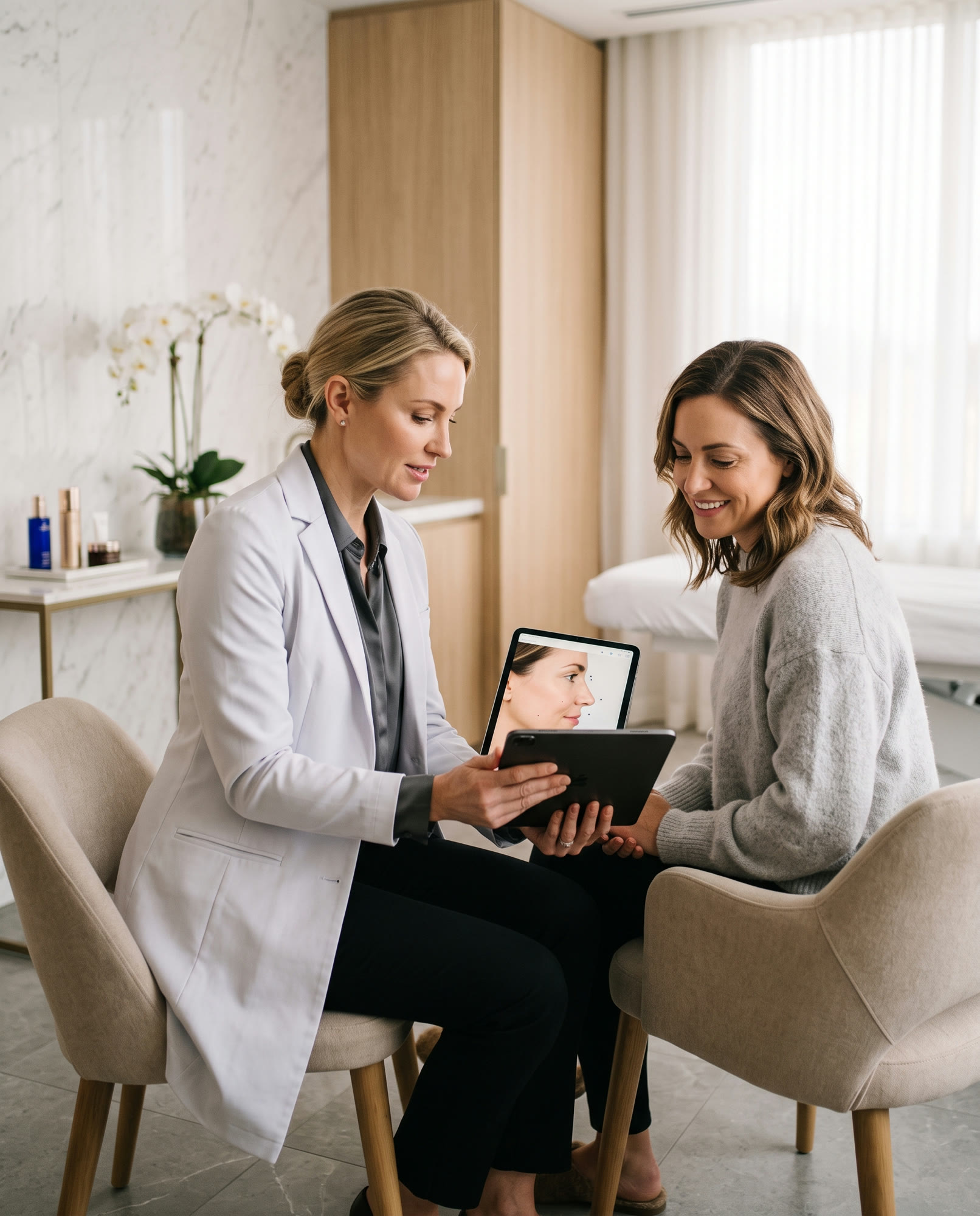 An aesthetic practitioner consulting with a client in a luxurious med spa treatment room