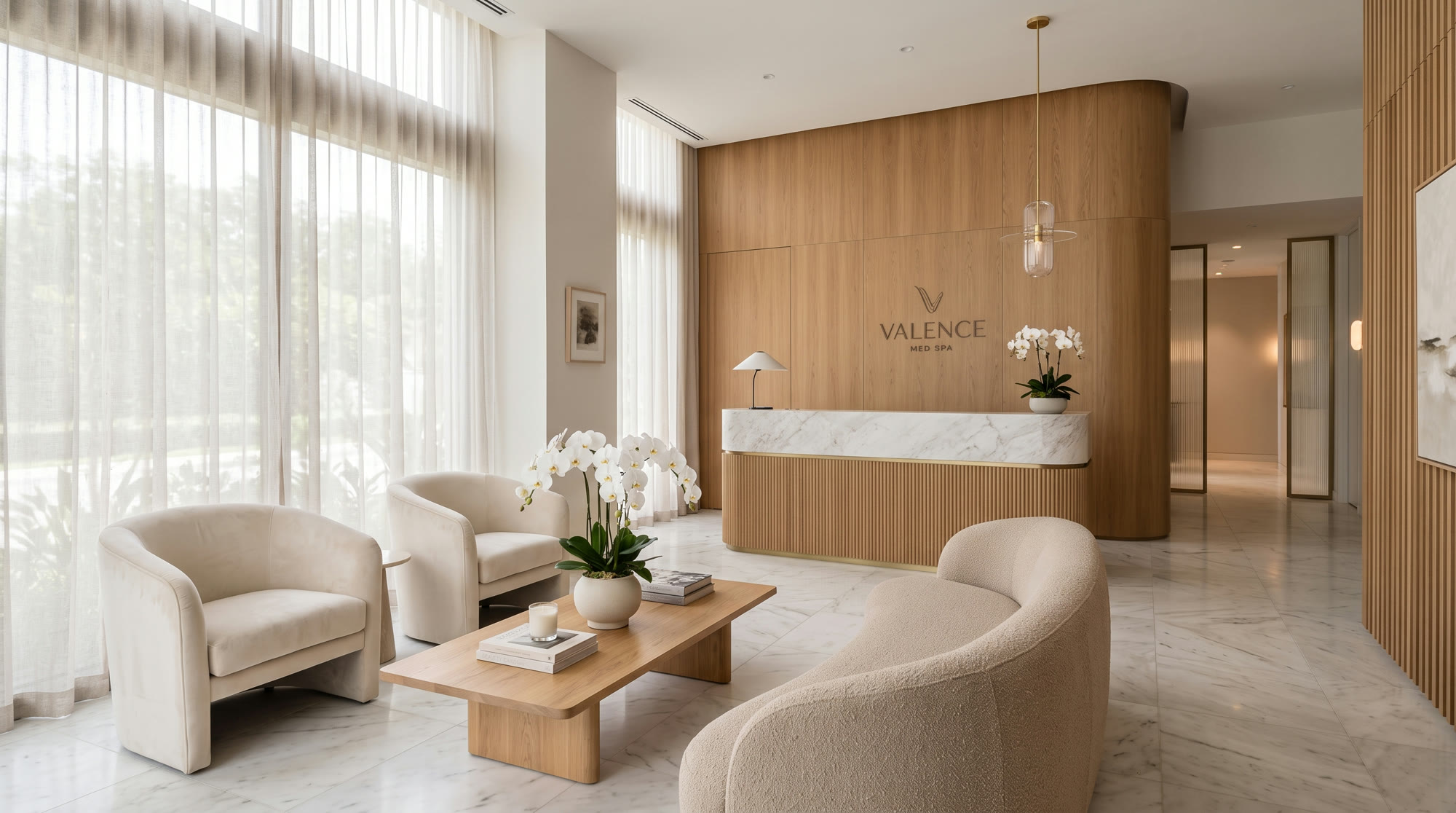 The serene reception lounge of a luxury modern med spa in soft daylight