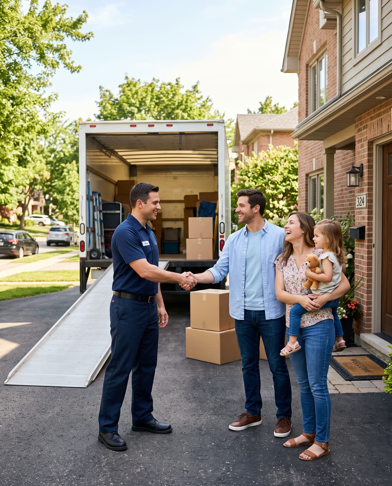 A mover shaking hands with a happy family on the driveway of their new home