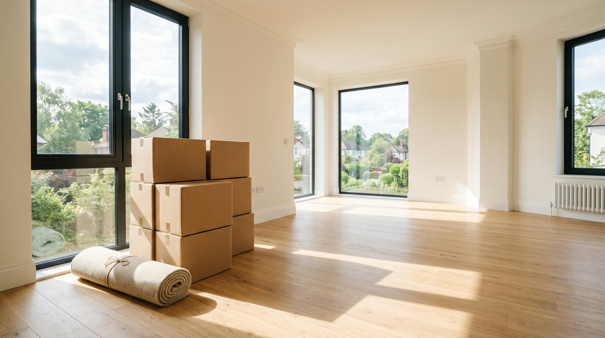 Neatly stacked moving boxes in a sunlit empty living room with pale wood floors