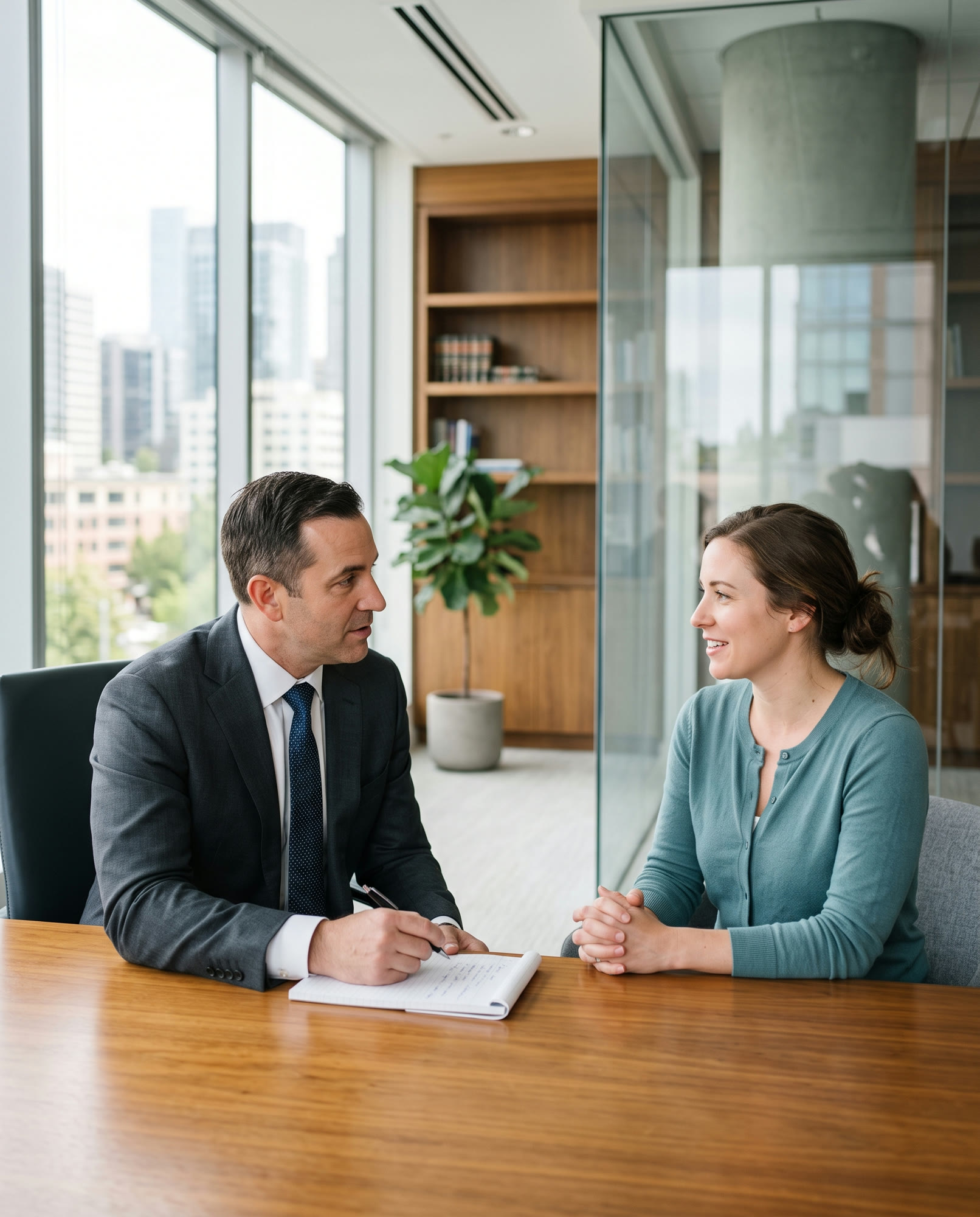 A personal-injury attorney listening attentively to a client in a bright modern office