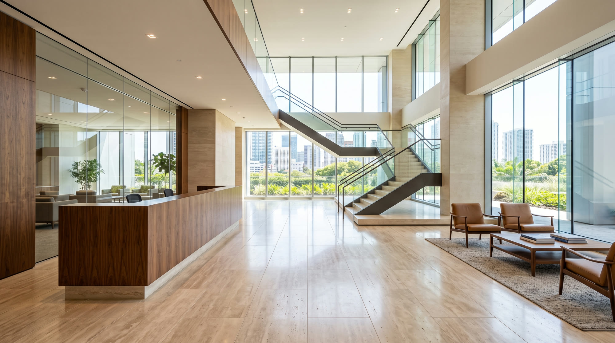 The sunlit lobby of a modern law firm with stone floors and a warm wood reception desk