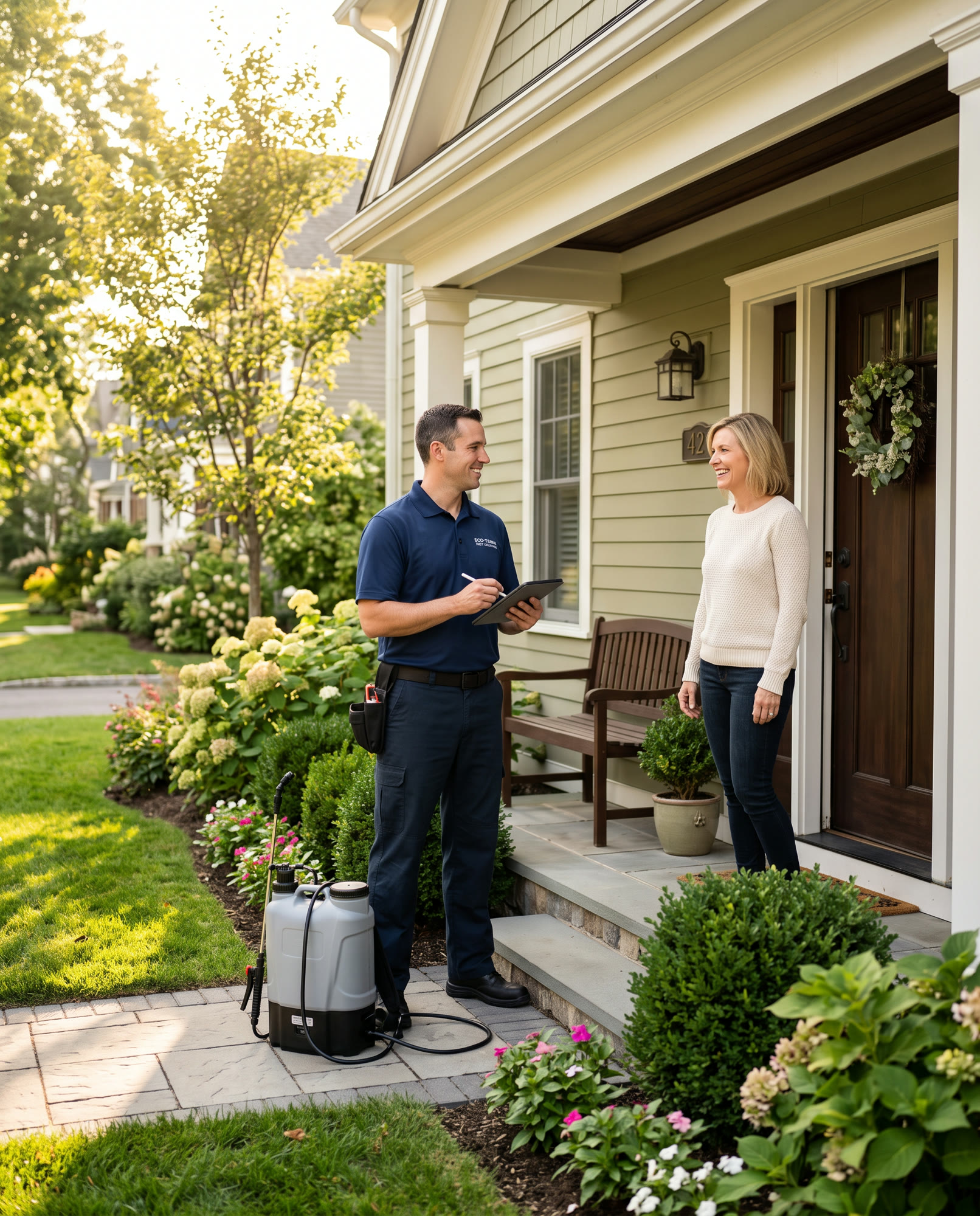 A pest-control technician talking with a homeowner at the front door of a suburban home