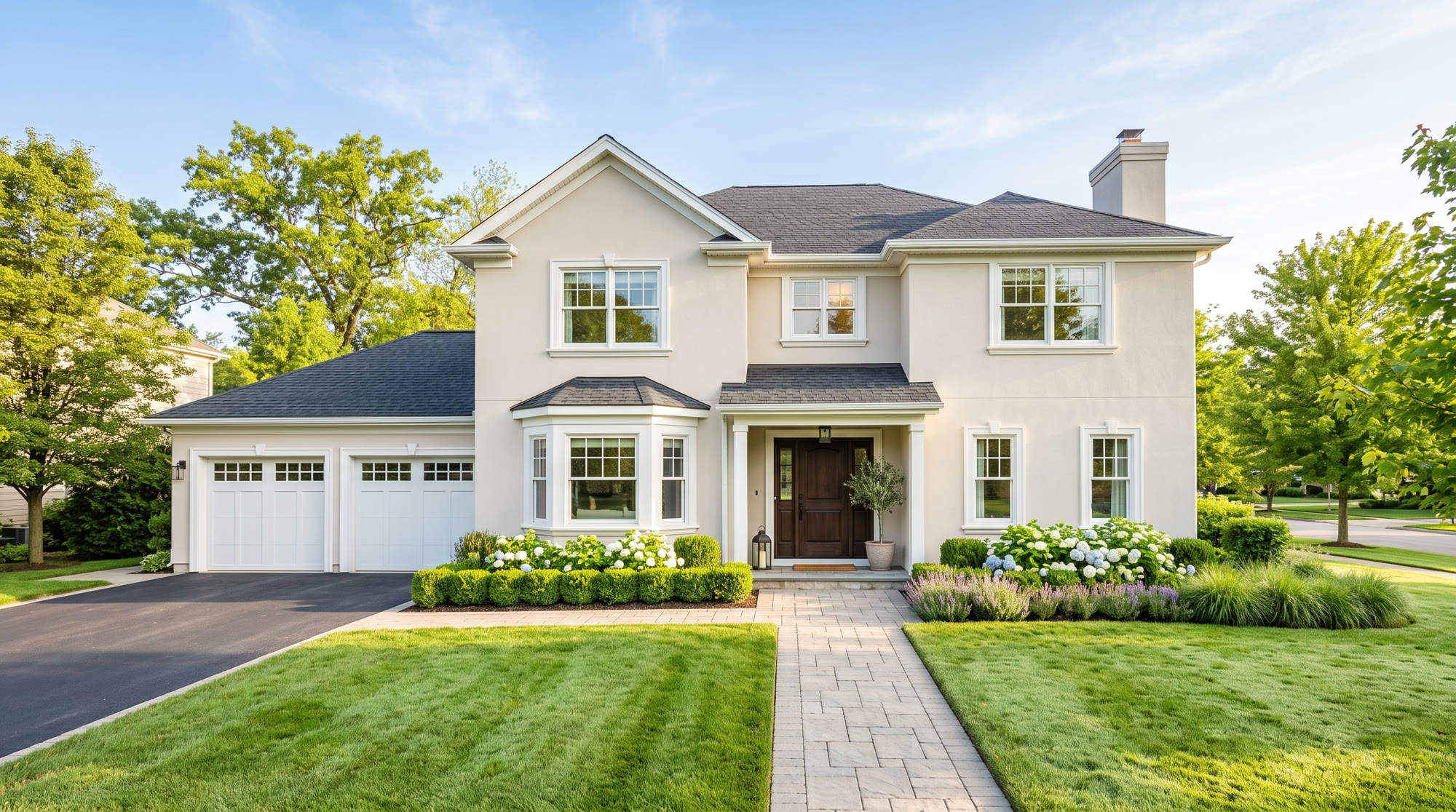 A pristine suburban home exterior with trimmed hedges on a clear sunny morning