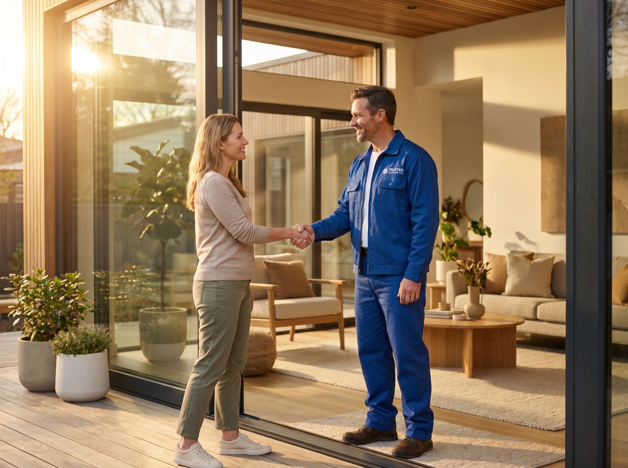 A plumber shaking hands with a happy homeowner at their front door