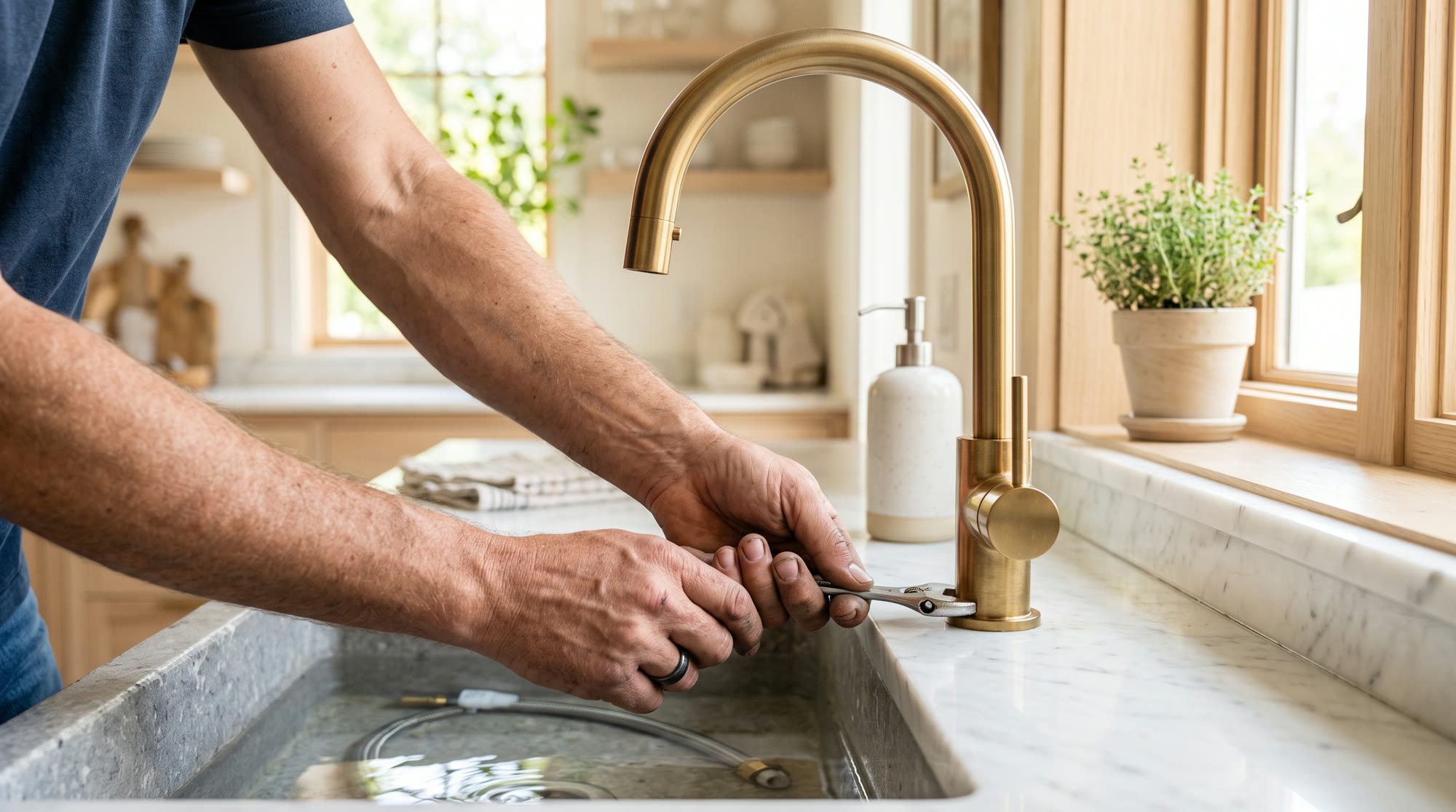 A plumber fitting a new brushed-brass faucet at the sink of a sunlit modern kitchen