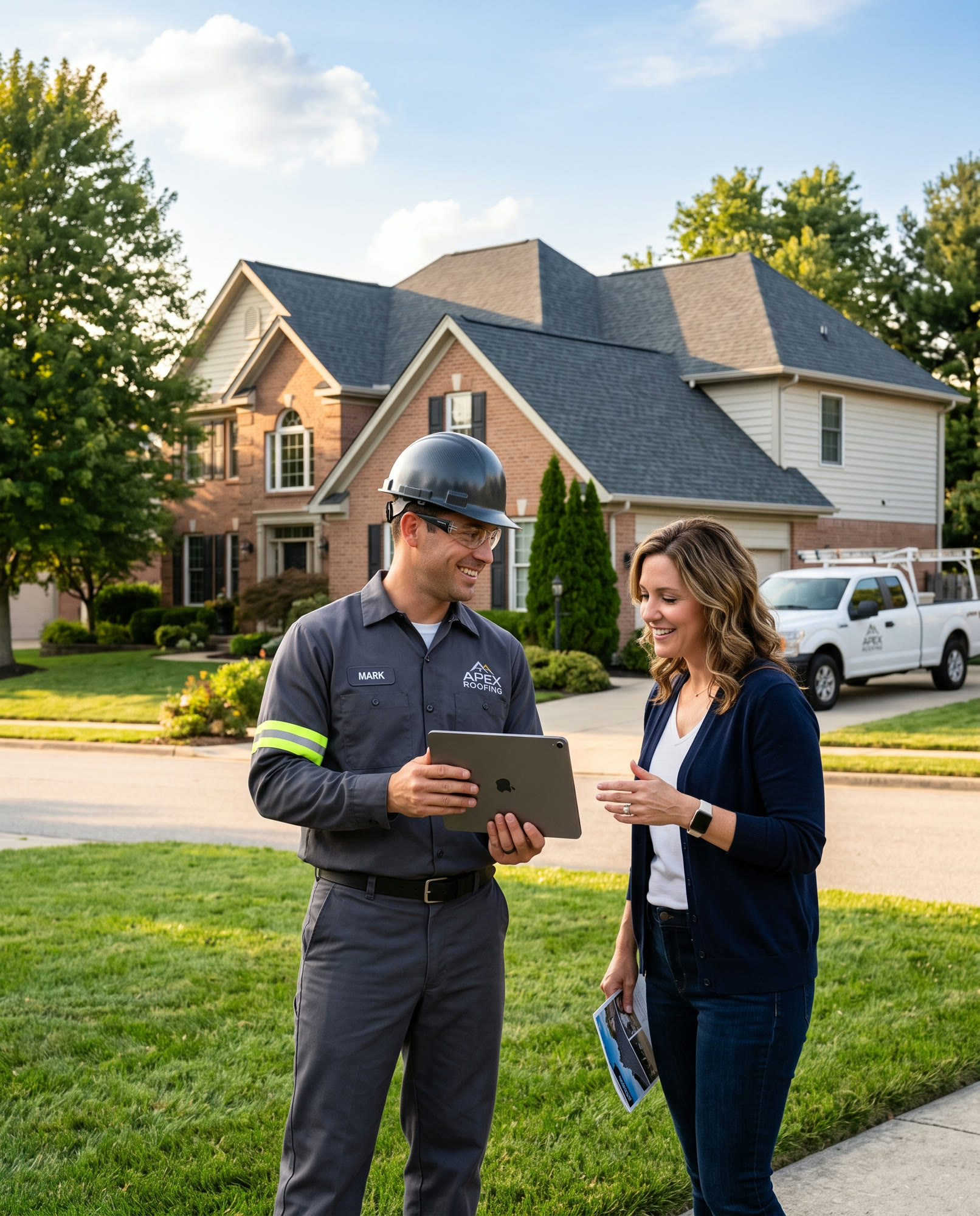 A roofing contractor showing a homeowner photos on a tablet in front of a finished new roof