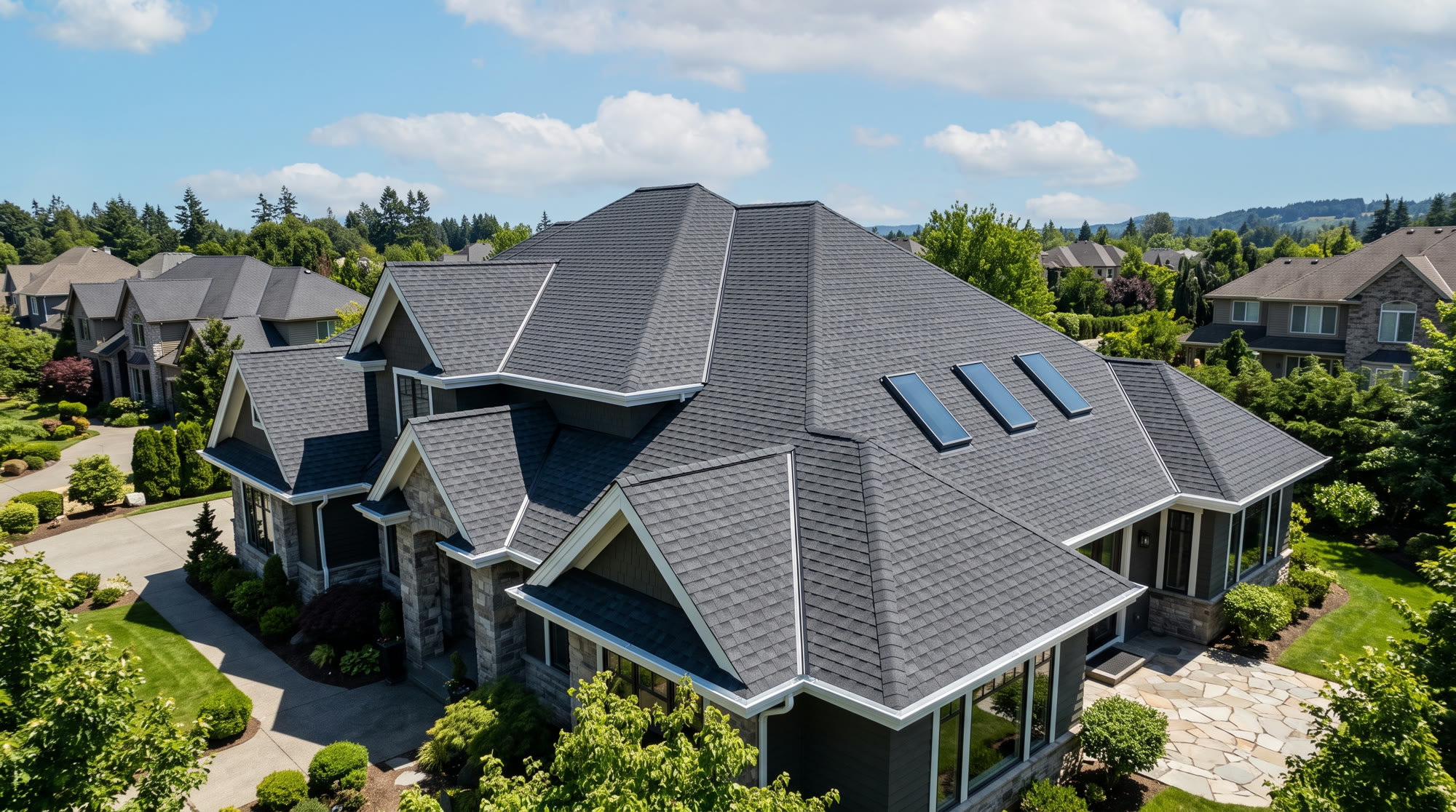 An aerial view of a newly finished residential roof with crisp architectural shingles under a blue sky